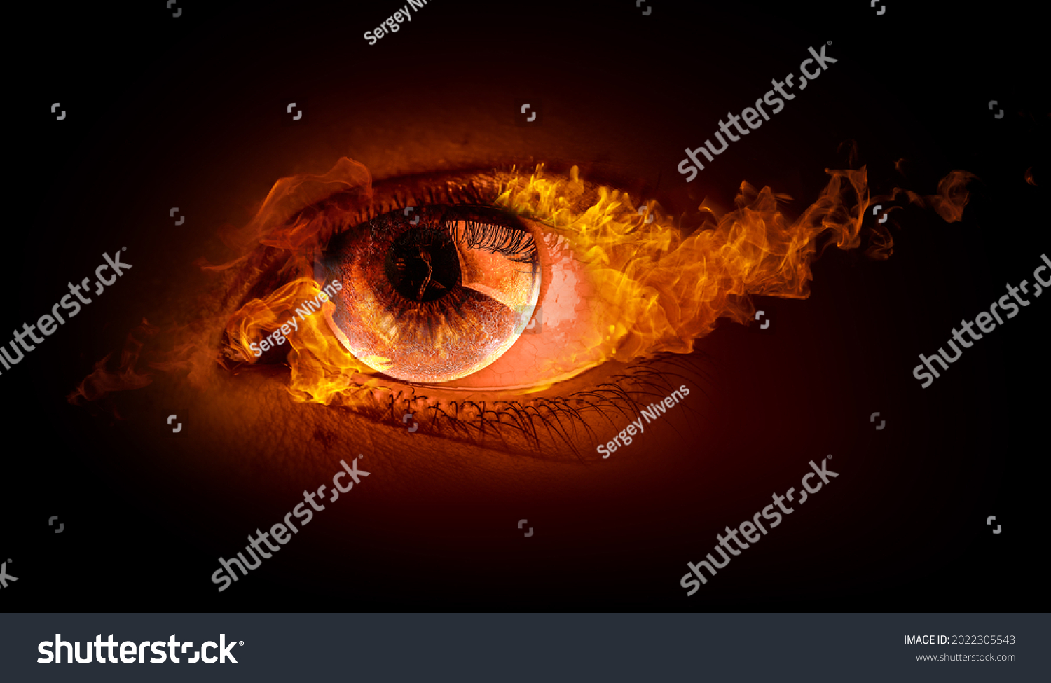 Macro image of human eye with fire flames . Mixed media #2022305543