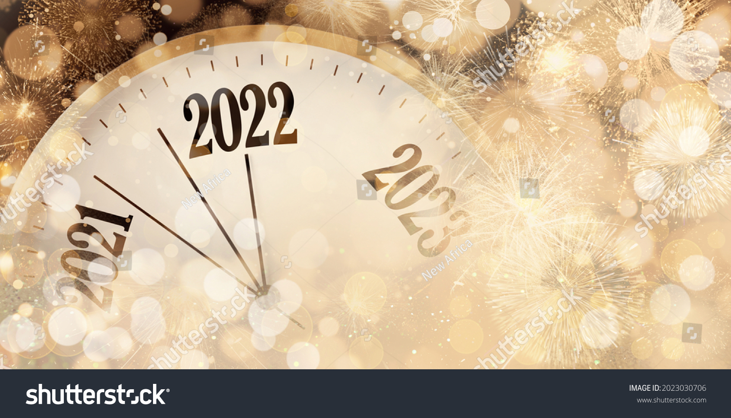 Clock counting last moments to New 2022 Year and beautiful fireworks on background, banner design #2023030706