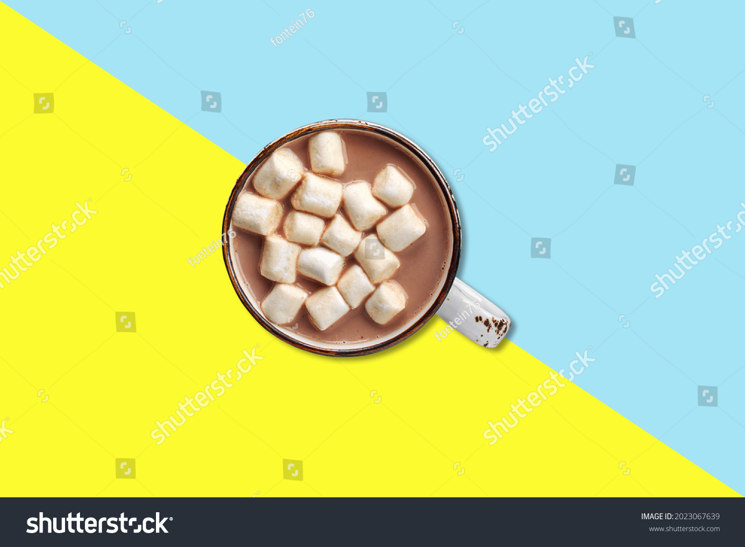Marsh mellow over chocolate milk, flat lay concept isolated. #2023067639
