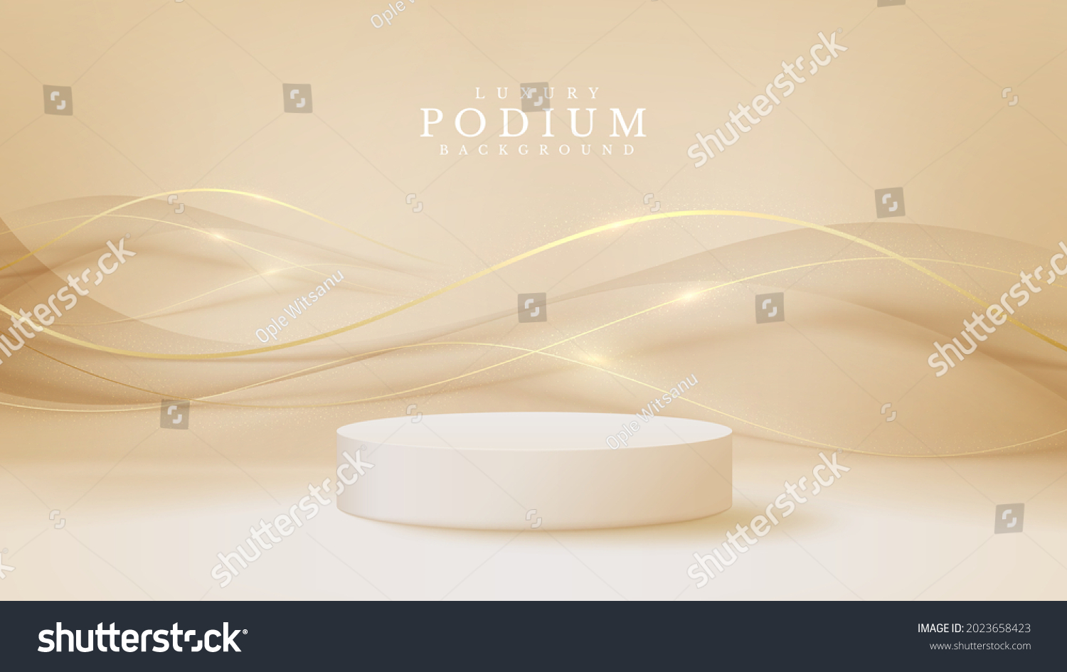 White podium display product and sparkle golden curve line element, Realistic 3d luxury style background, vector illustration for promoting sales and marketing. #2023658423