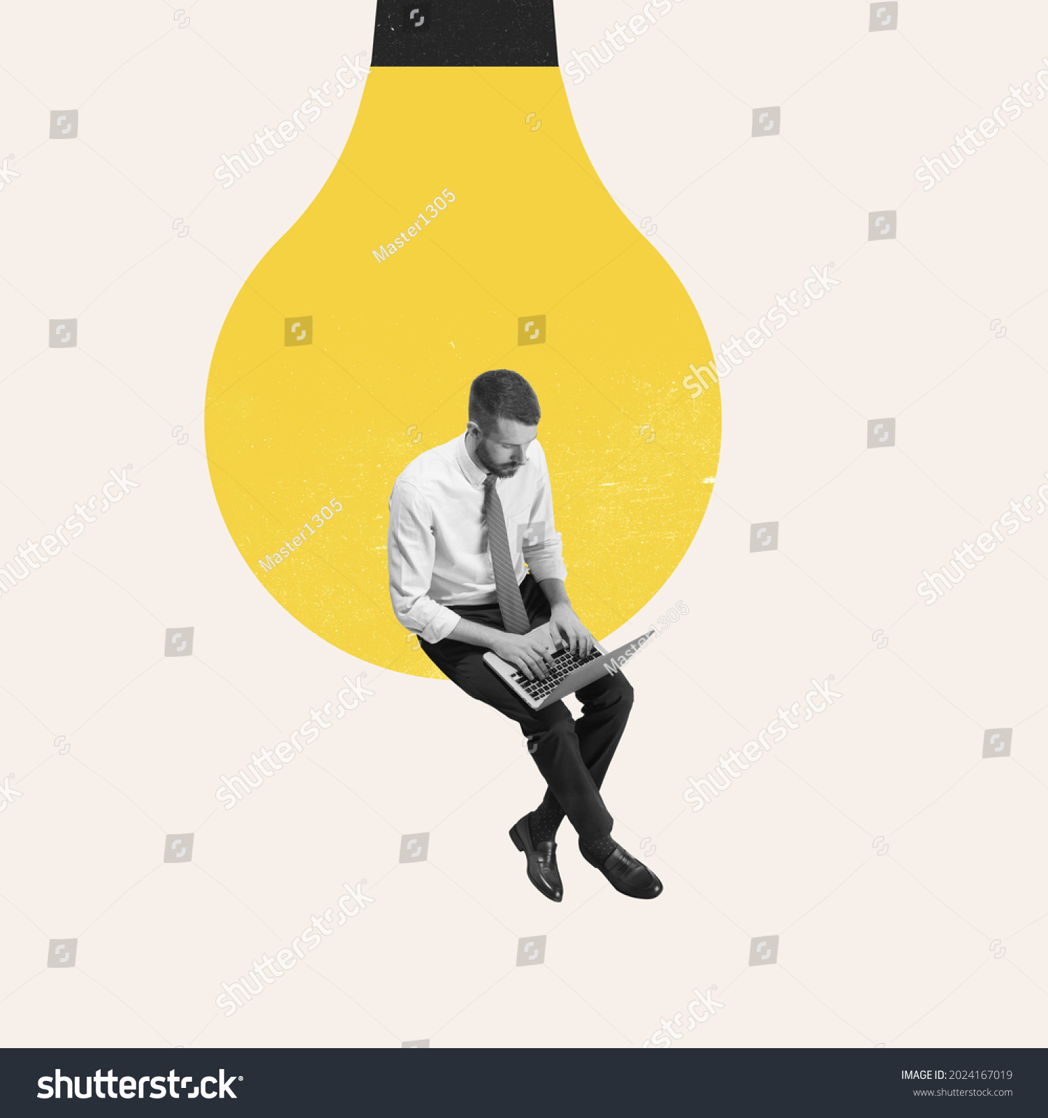 Online education, remote work. Young man manager or clerk using laptop isolated on light background. Contemporary art collage. Inspiration, idea, trendy. Concept of professional occupation, business #2024167019