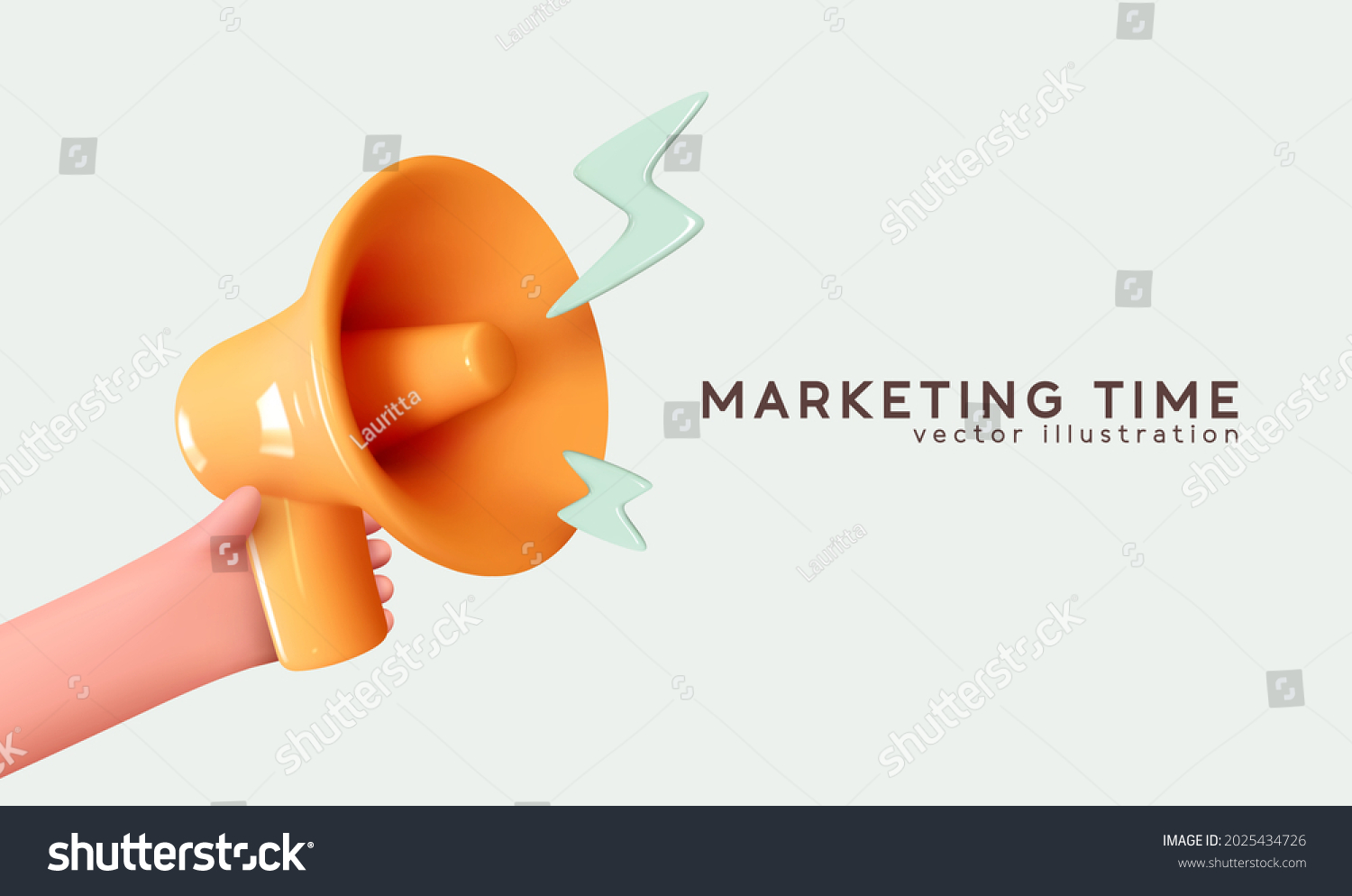 Hand hold megaphone. Marketing time concept, realistic 3d megaphone, loudspeaker with lightning. Symbols Speaker, Social media, Advertising and promotion. Vector illustration #2025434726