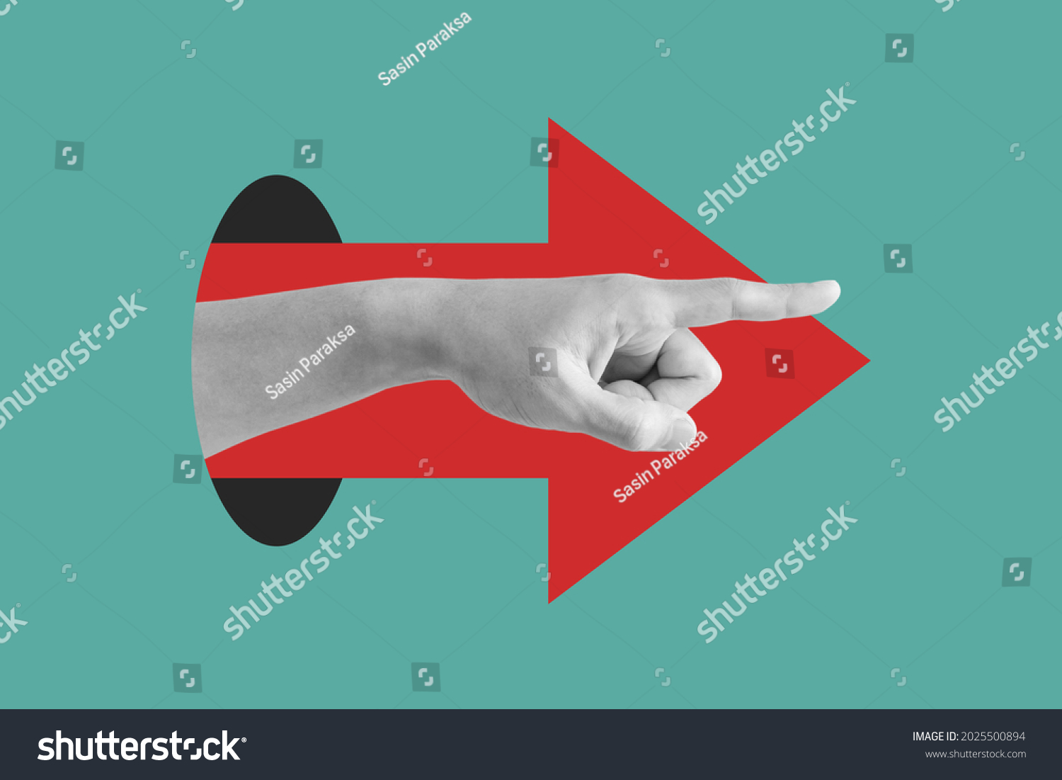 Digital collage modern art. Hand pointing finger, with red arrow #2025500894