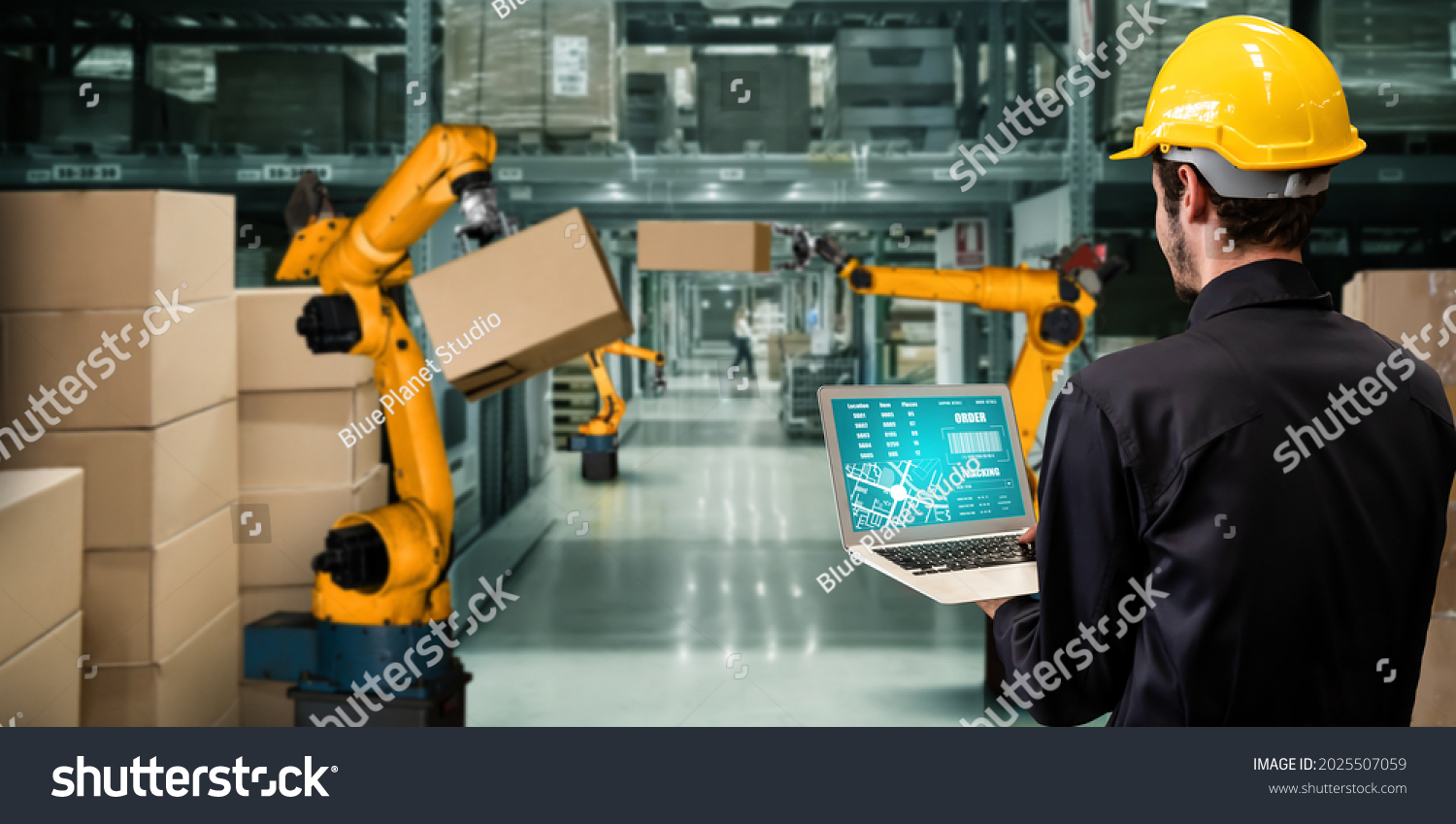 Smart robot arm systems for innovative warehouse and factory digital technology . Automation manufacturing robot controlled by industry engineering using IOT software connected to internet network . #2025507059