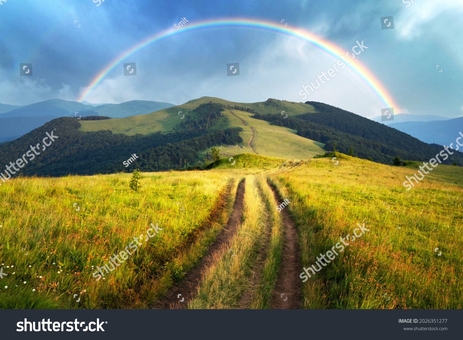 Amazing scene in summer mountains. Lush green grassy meadows in fantastic evening sunlight. Rural road and beautyful rainbow in dramatic sky. Landscape photography #2026351277
