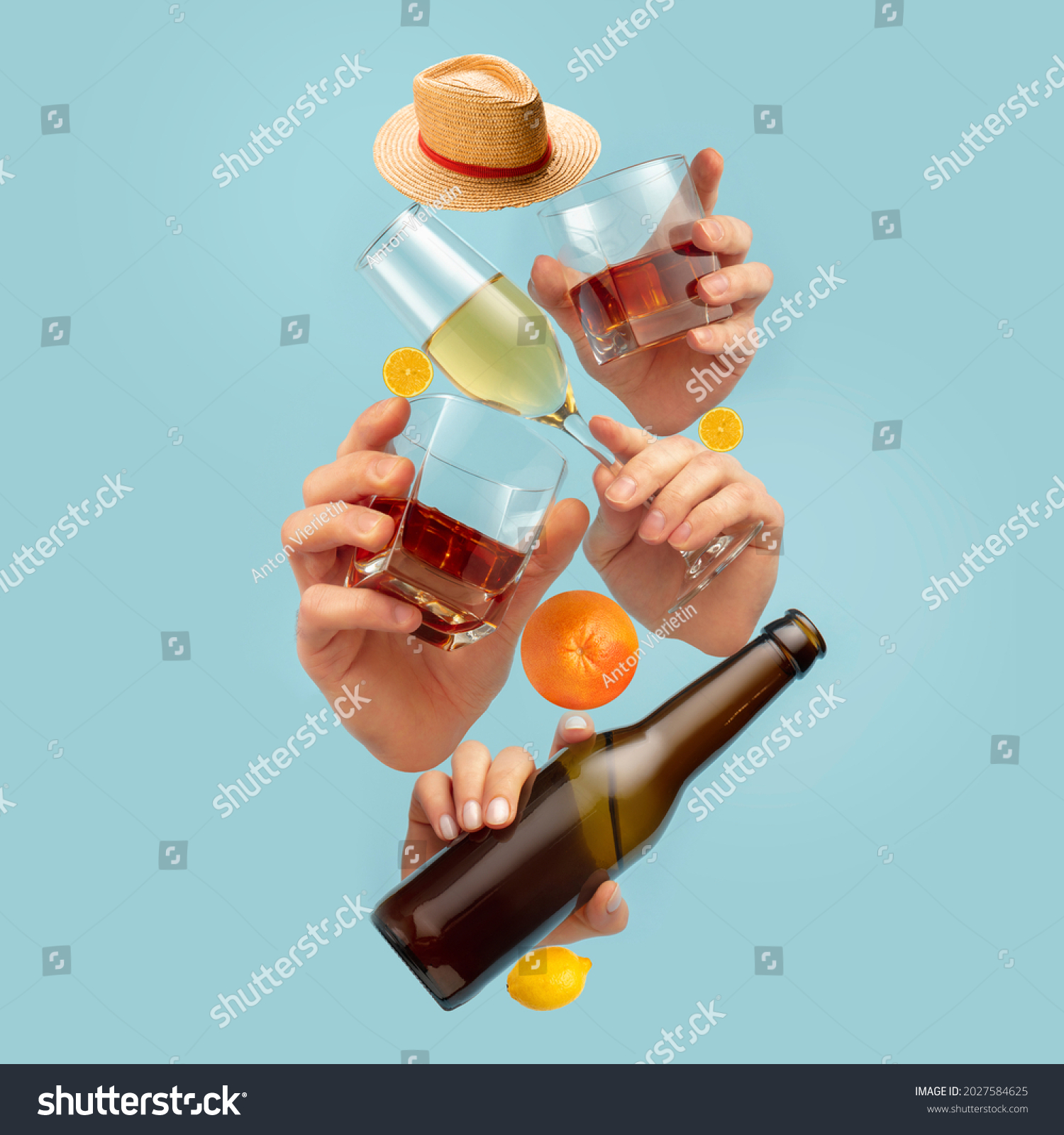 Drinks of your choice. Modern composition in magazine style with human hands holding glasses for alcohol drinks over blue background. Copyspace for ad, offer #2027584625