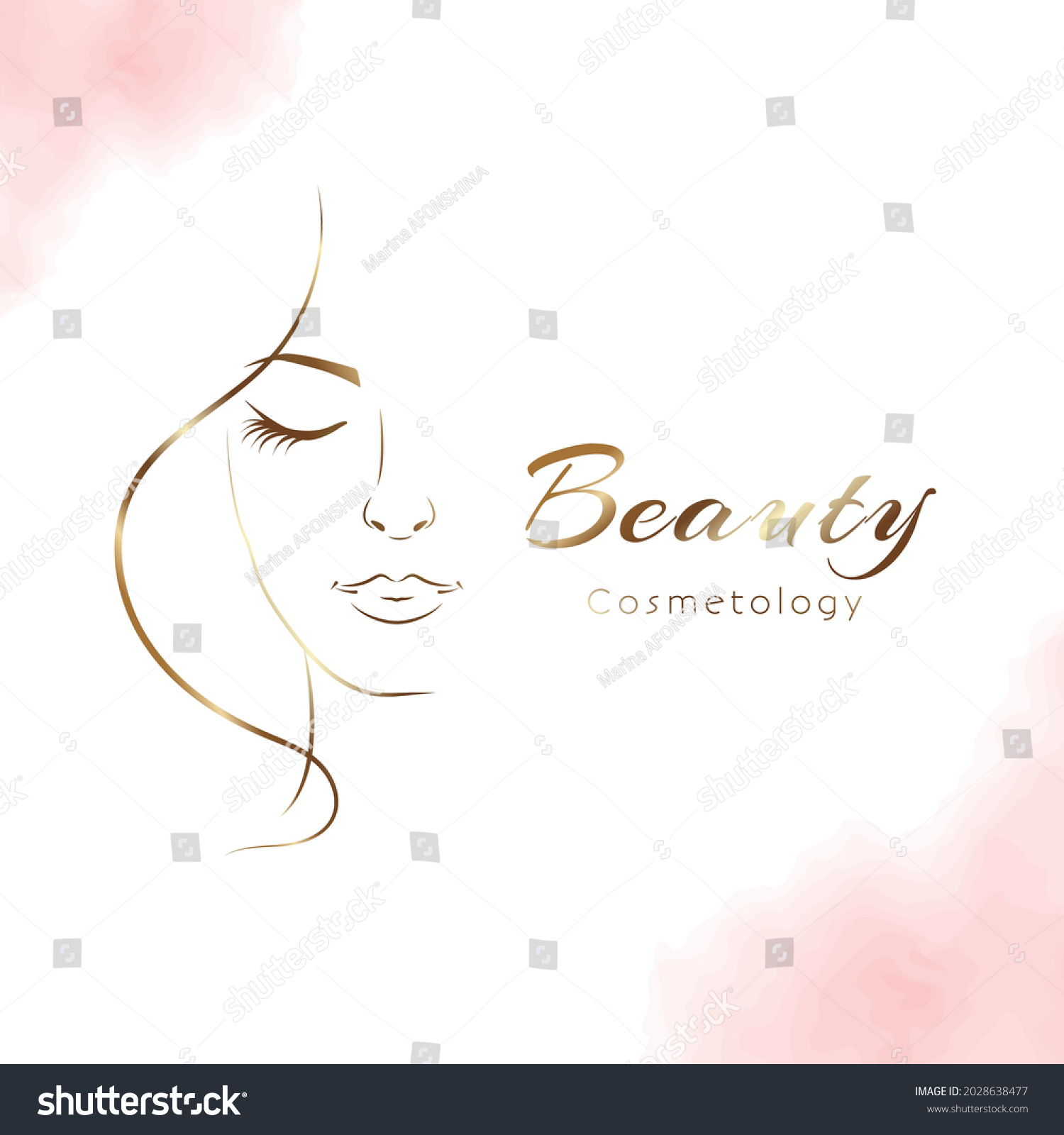 Vector woman in gold profile template logo or abstract concept for beauty salons. Cosmetics, medical center, fashion and beauty industry. Abstract logo. Vector File #2028638477