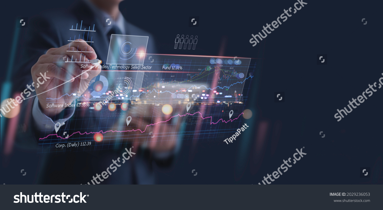 Business analysis, trading concept, Businessman, finance analyst using digital tablet, analyzing financial graph, stock market report, economic graph growth chart, business and technology background #2029236053