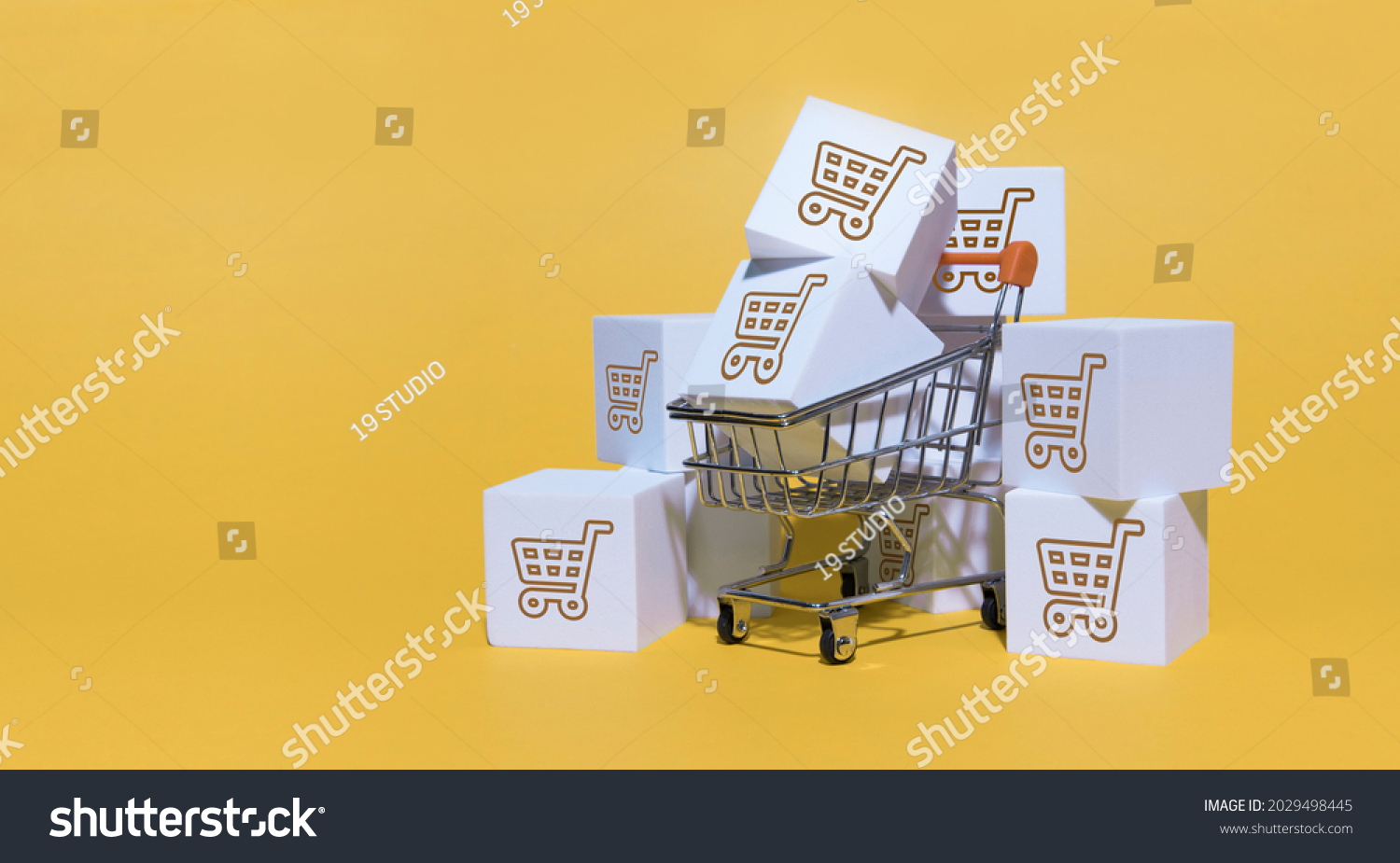 black friday concept, white box parcel on trolley on yellow background. shopping online and service home delivery.  #2029498445