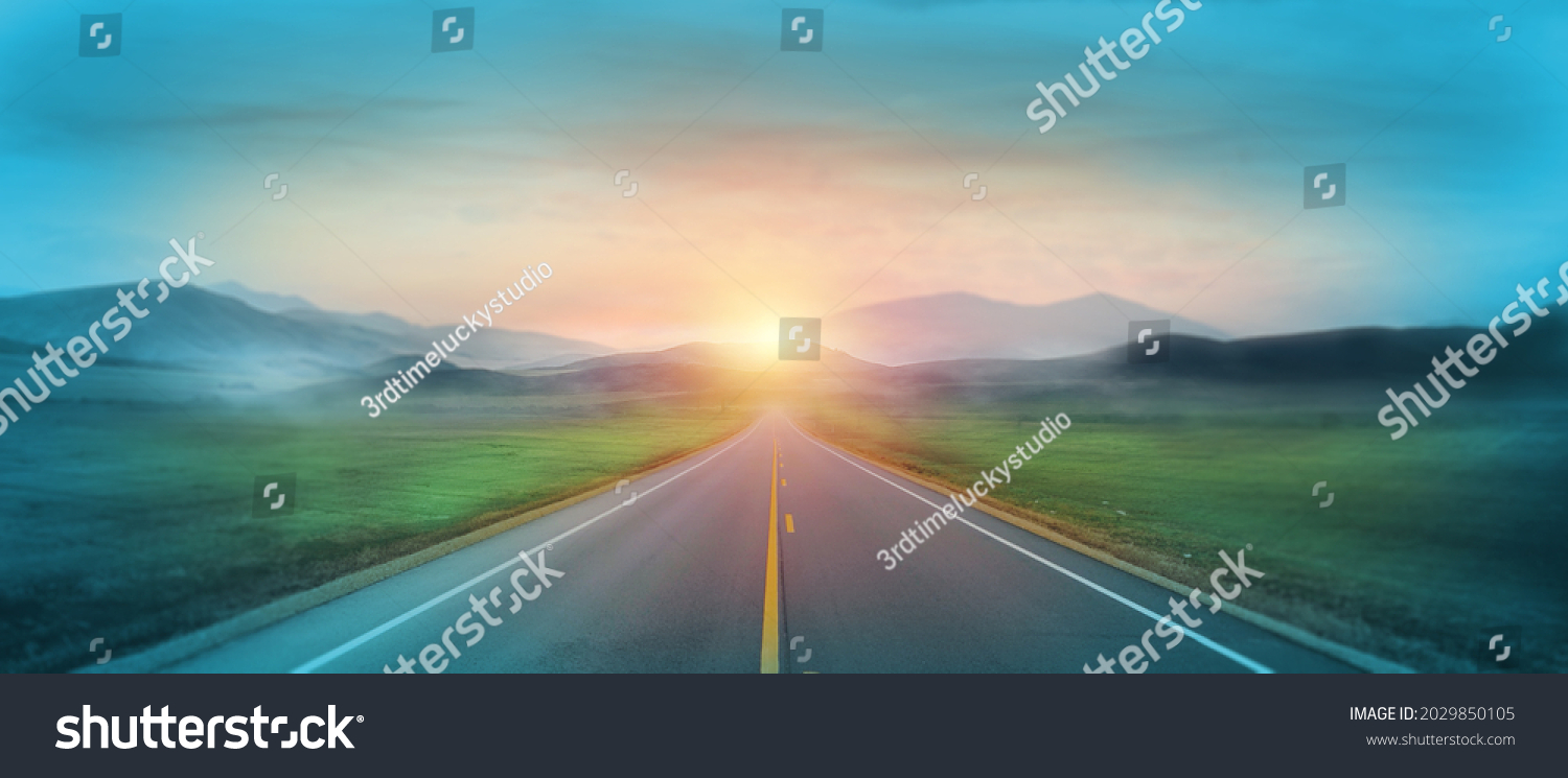 Mountain road. Landscape with green field, sunny sky with clouds and beautiful asphalt road in the morning. Scenic background. Road to mountains. Transportation, direction, business goal, hope. #2029850105