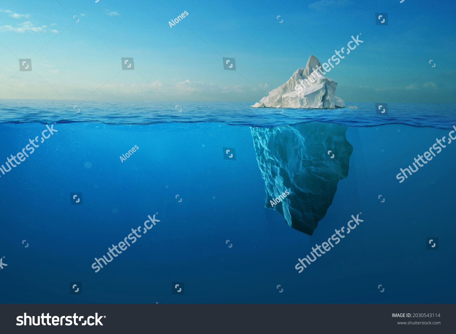 Iceberg With Above And Underwater View Taken In Greenland. Iceberg - Hidden Danger And Global Warming Concept. Iceberg illusion creative idea #2030543114