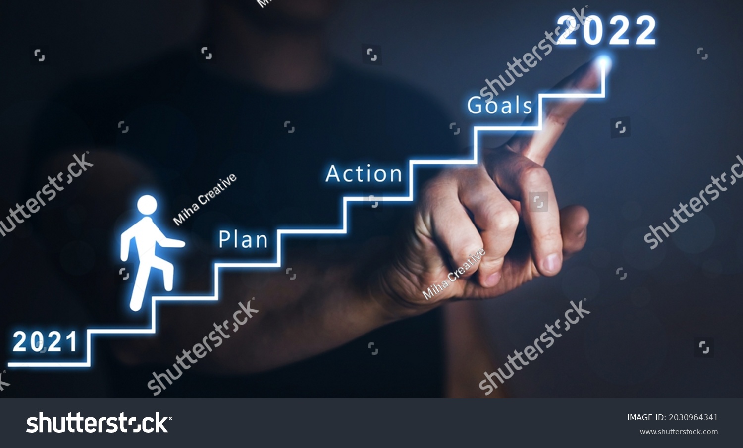 Businessman pointing to the growing plan of successful business in 2022 year and a figure climbs the ladder of success. Year 2022 plan, action and goals.  #2030964341