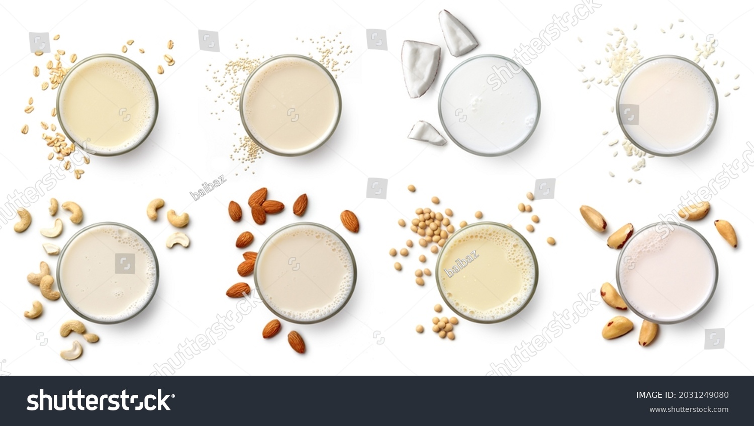 Set or collection of various vegan milk (almond, soy, rice, coconut, quinoja, brazil nut, cashew, oat) isolated on white background, top view. Dairy free, plant based drink. #2031249080