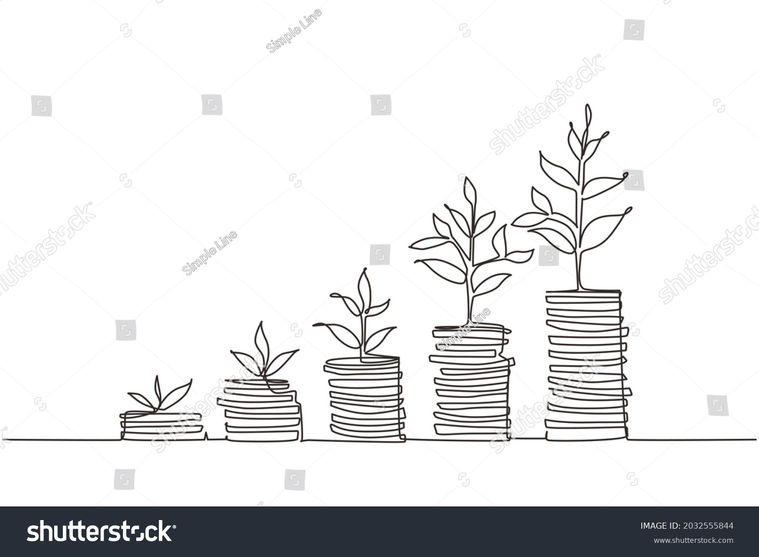 Single continuous line drawing step of coins stacks, money, saving and investment or family planning. Concept for return money saving and investment. One line draw graphic design vector illustration #2032555844