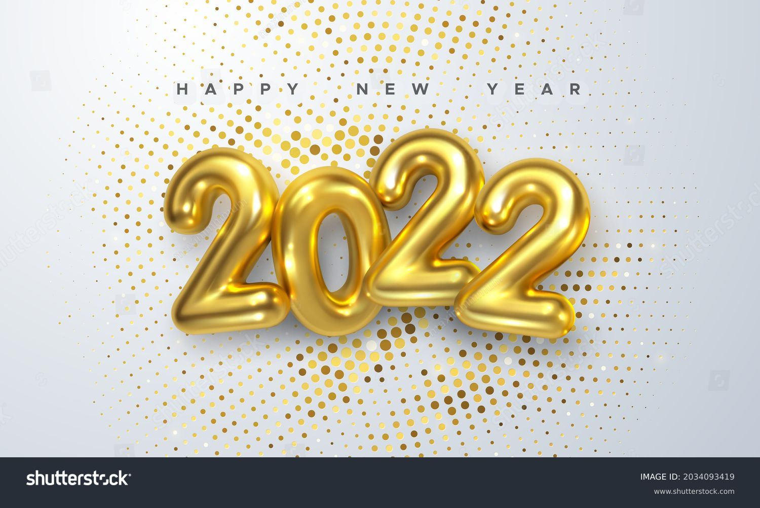 Happy New 2022 Year. Holiday vector illustration of golden metallic numbers 2022 and sparkling glitters pattern. Realistic 3d sign. Festive poster or banner design #2034093419
