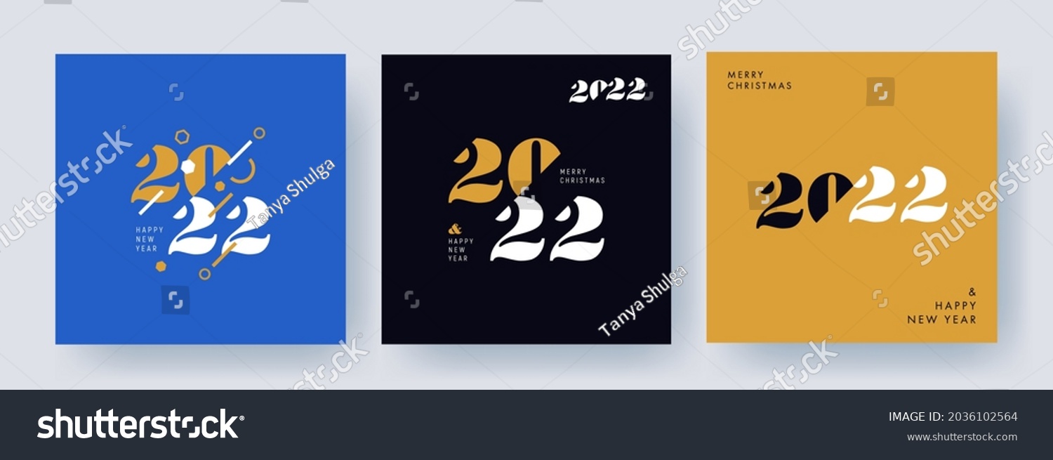 Creative concept of 2022 Happy New Year posters set. Design templates with typography logo 2022 for celebration and season decoration. Minimalistic trendy backgrounds for branding, banner, cover, card #2036102564
