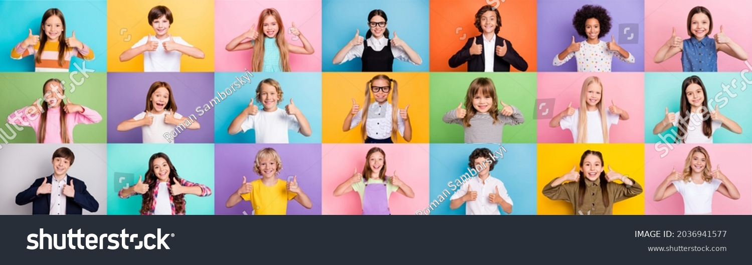 Collage photo of multiple different mixed races friendly schoolchildren boys girls show thumbs up symbol select season discounts isolated over colored background #2036941577