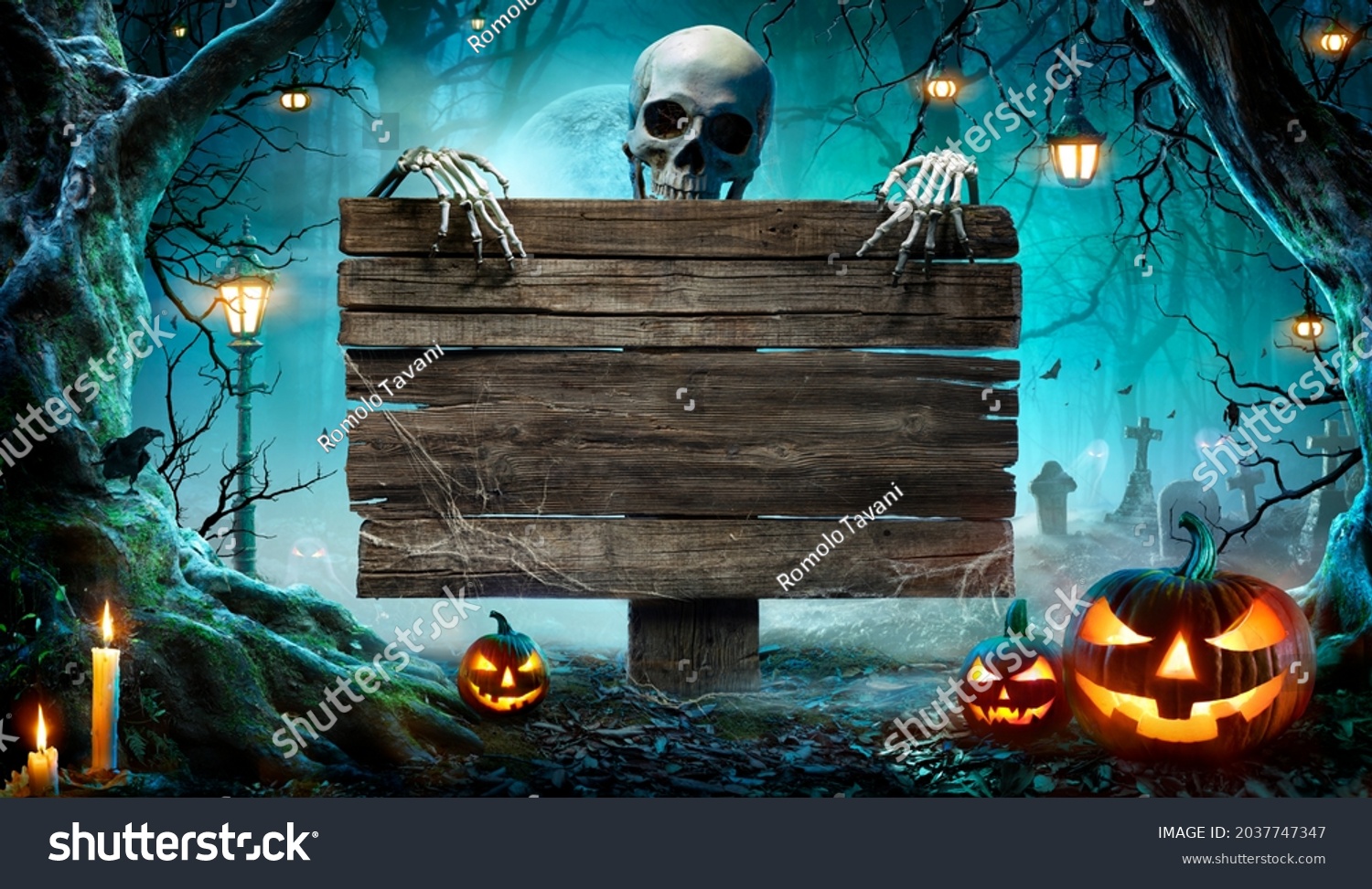 Halloween Party Card - Pumpkins And Skeleton In Graveyard At Night With Wooden Board  #2037747347