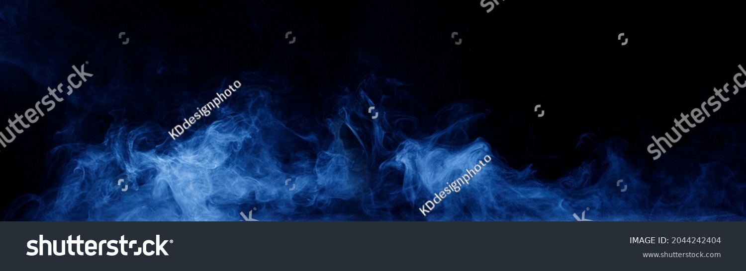 Panoramic view of the abstract fog. White cloudiness, mist or smog moves on black background. Beautiful swirling gray smoke. Mockup for your logo. Wide angle horizontal wallpaper or web banner. #2044242404