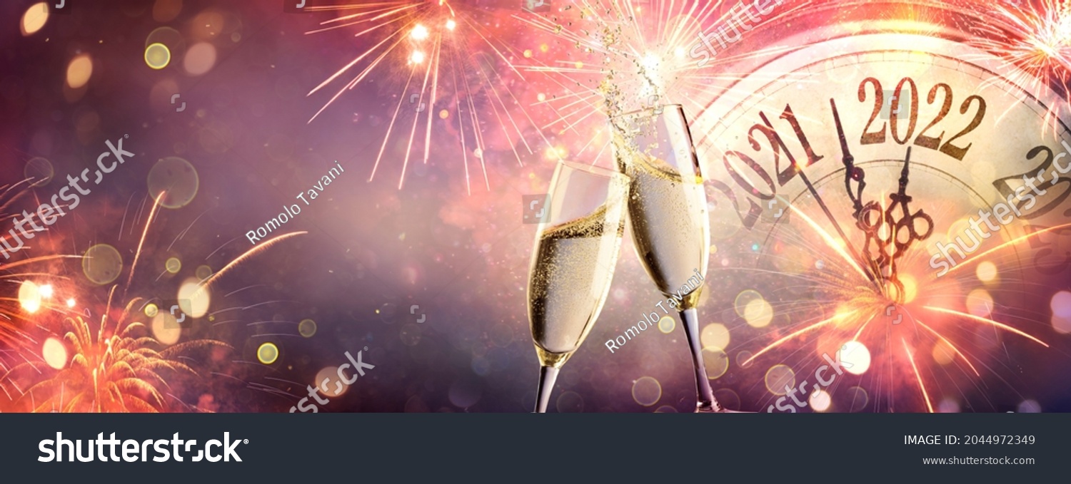 2022 New Year Celebration - Countdown And Toast With Champagne And Fireworks On Abstract Defocused Background #2044972349