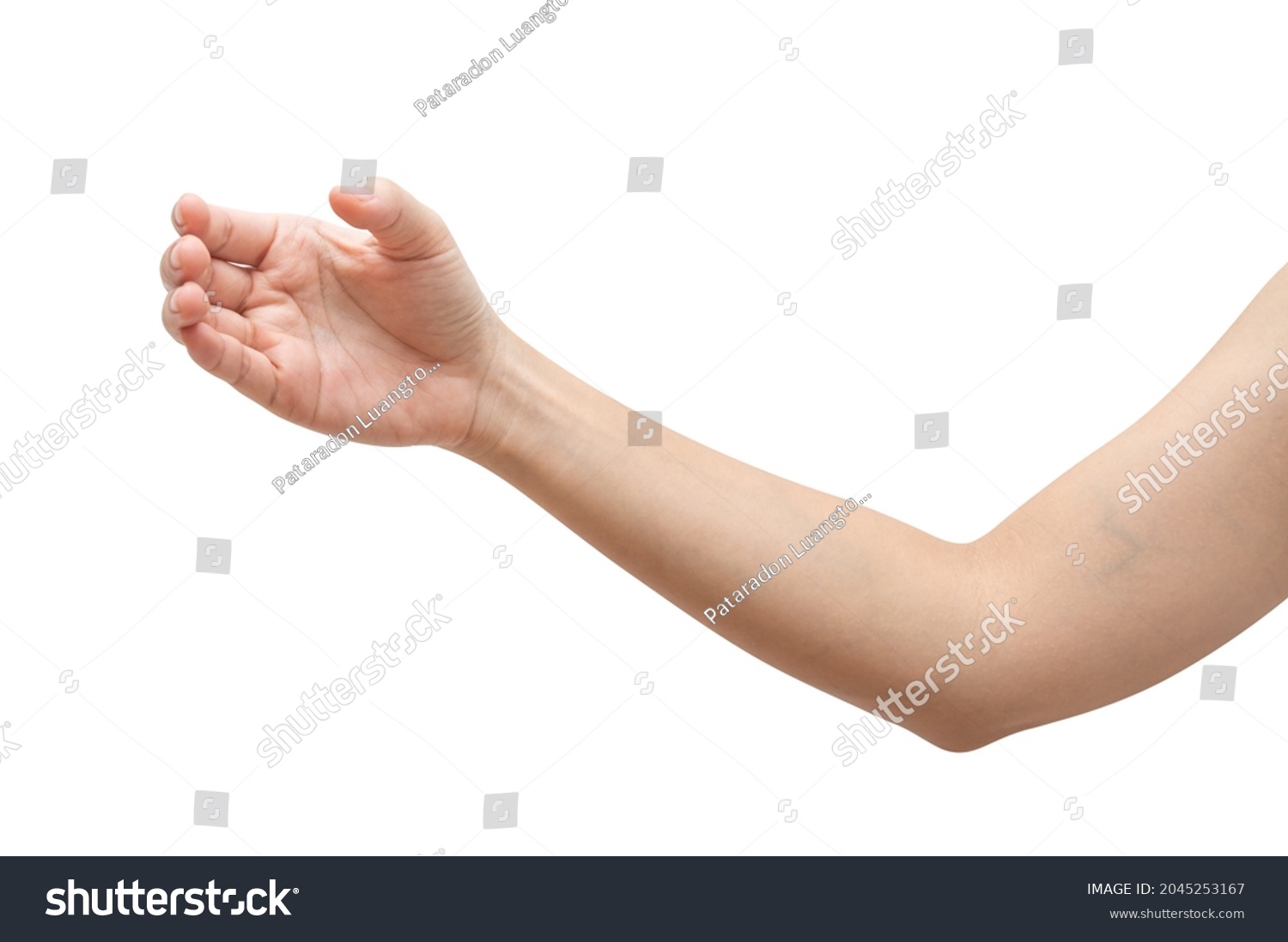 Close up woman hand holding something like a bottle or can isolated on white background with clipping path. #2045253167