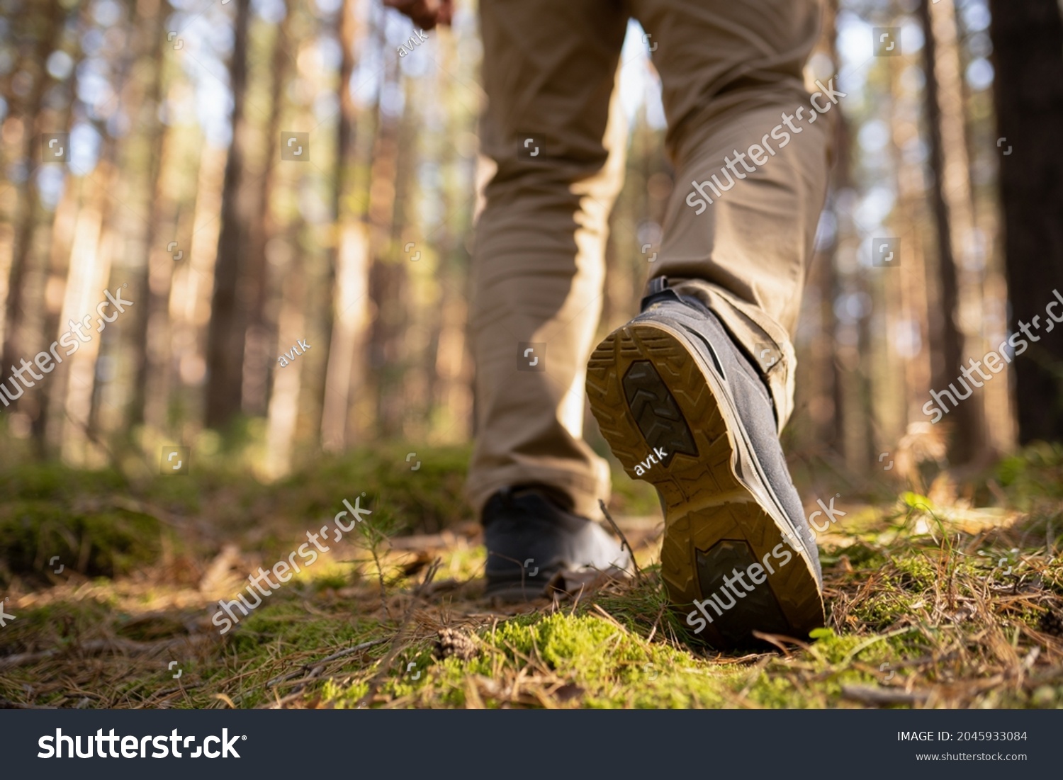adult hiker person walking in the woods. Speed-hiking shoes closeup. #2045933084