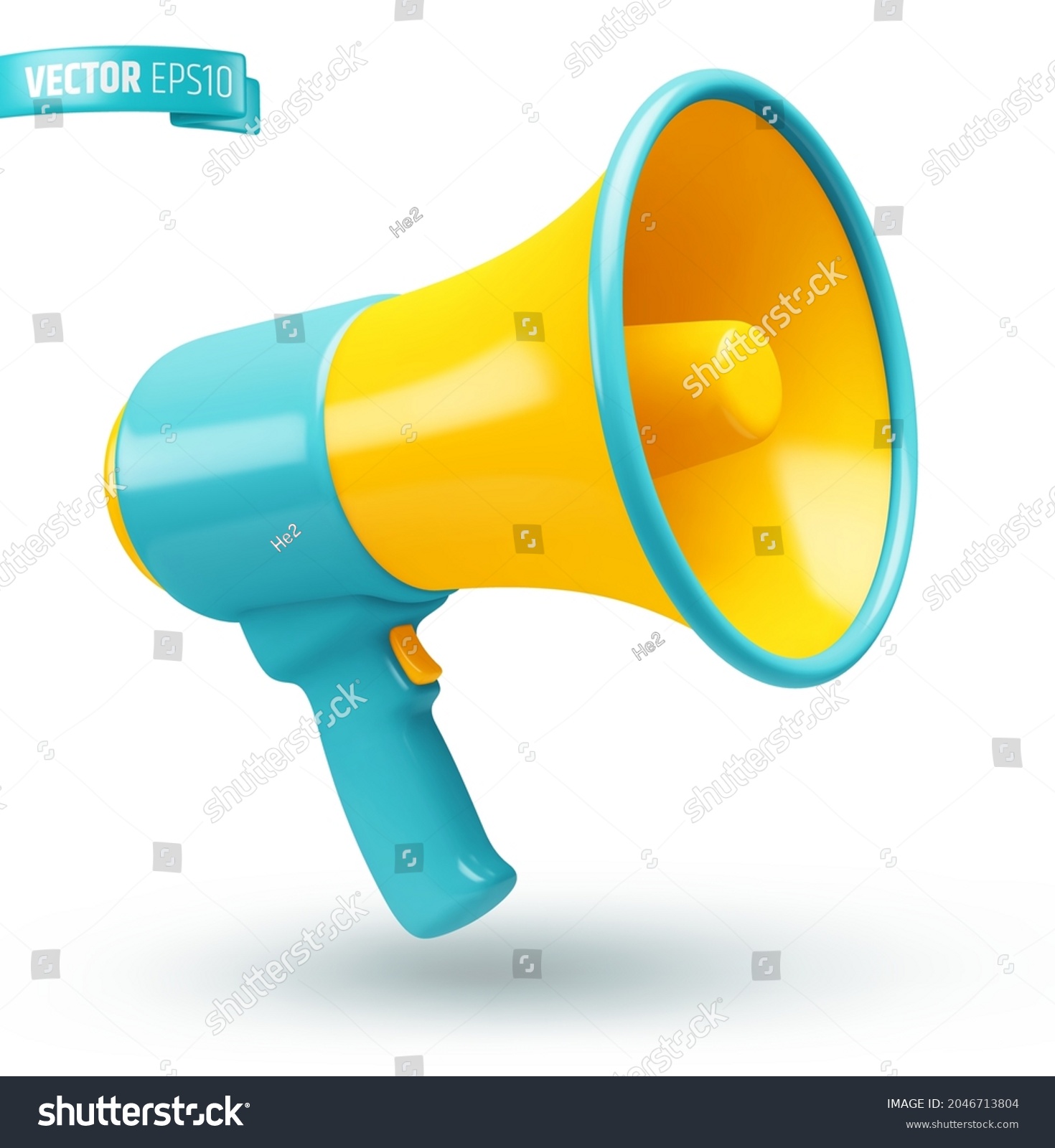 Vector realistic illustration of a blue and yellow megaphone on a white background. #2046713804