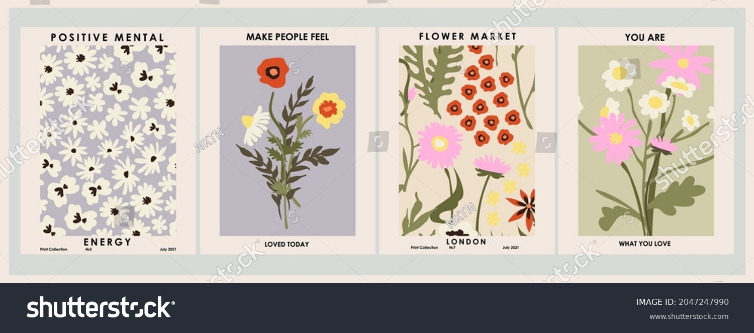 Botanical poster set flowers and branches. Modern style, pastel colors #2047247990