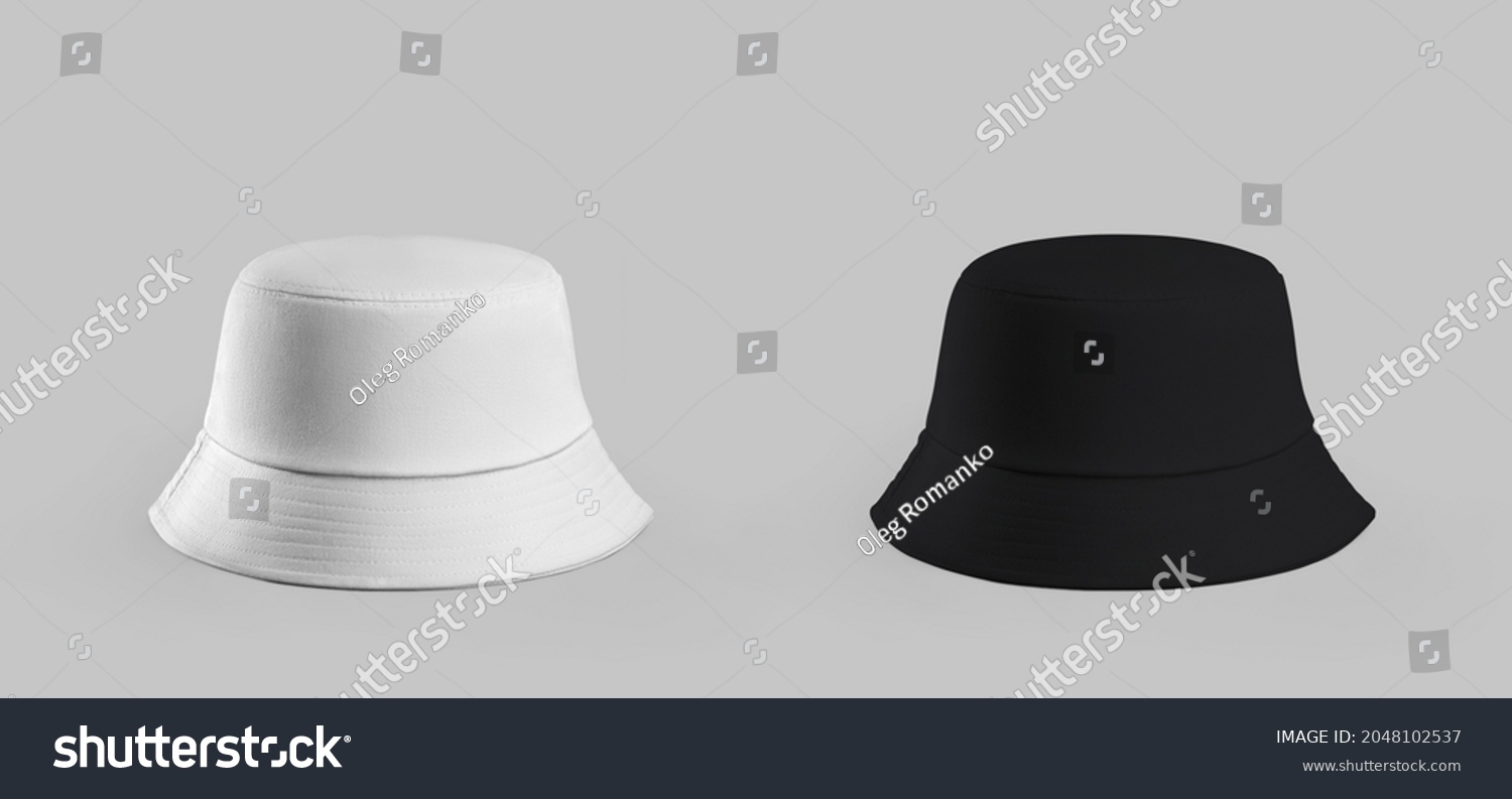 Mockup of white, black hat with brim, headwear for sun protection, isolated on background. Stylish panama template for women, men, stylish accessory for summer, beach, for presentation of design #2048102537