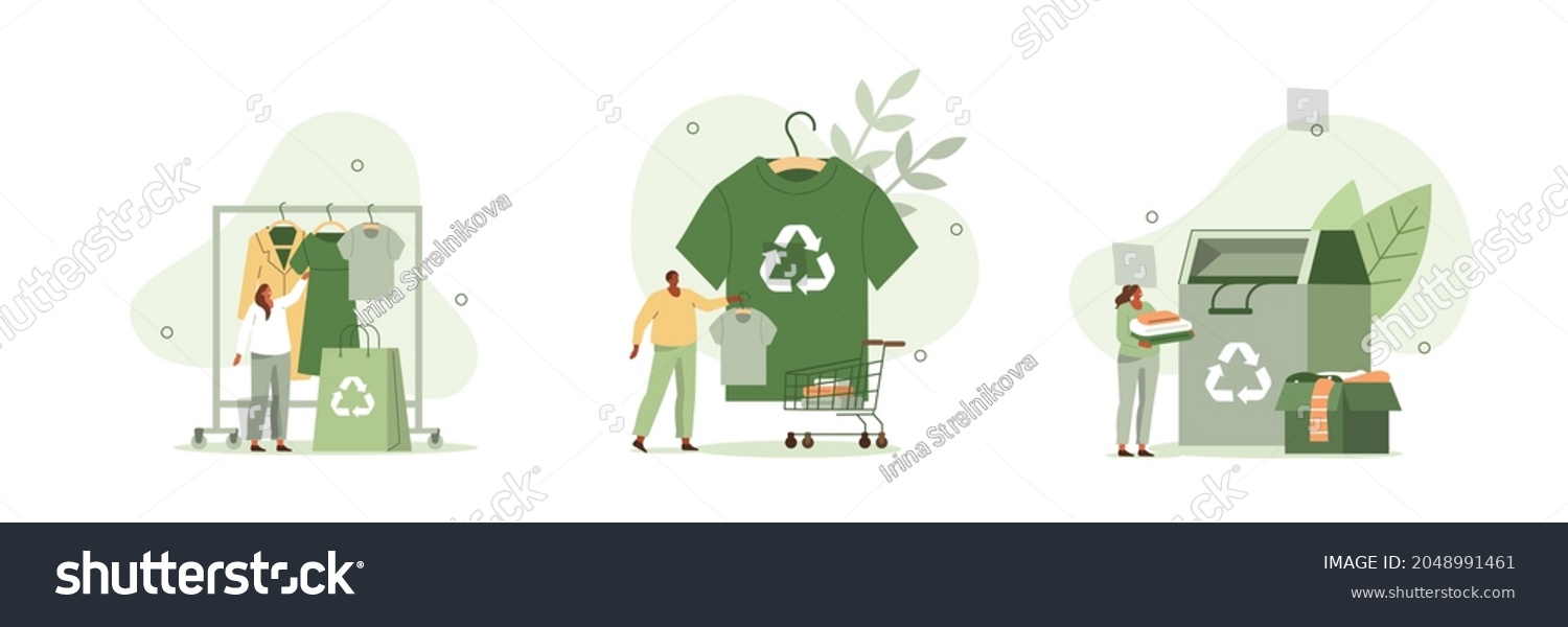 
Recycling illustration set. People characters buying recycling textile and sorting old clothes in recycling can. Recycle and sustainable fashion concept. Vector illustration. #2048991461