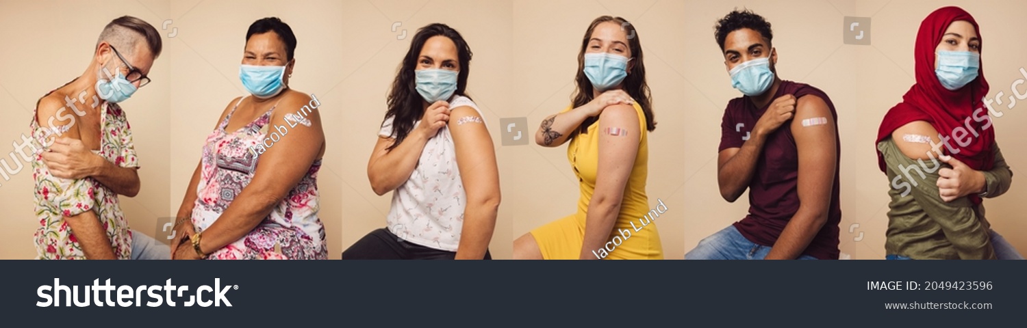 Collage of diverse group of people wearing protective face masks looking at camera showing their arms with plasters on after getting the covid-19 vaccine. Men and women receiving coronavirus vaccine. #2049423596