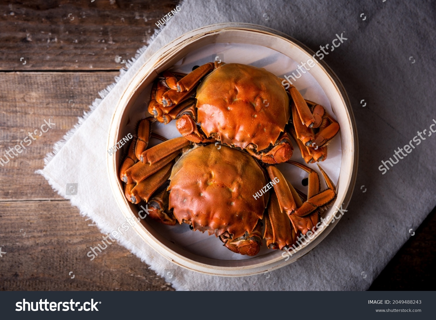 Cooked hairy crabs, Chinese hairy crabs in bamboo steamer, Chinese cuisine #2049488243