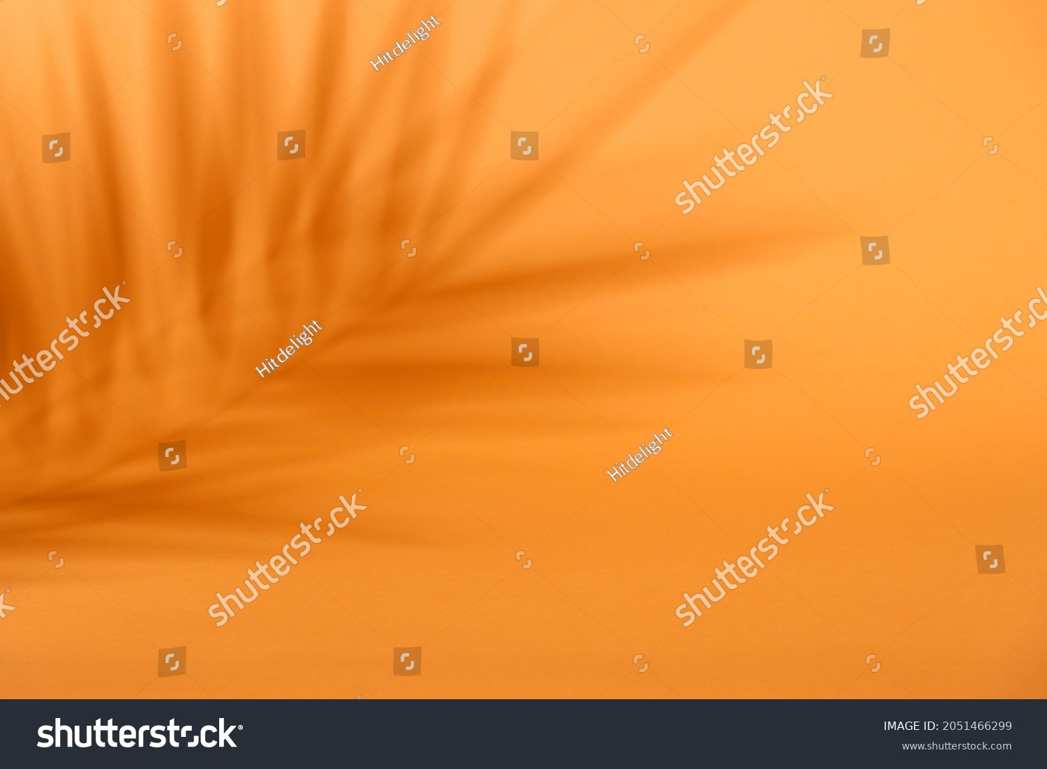 Tropical shadow on orange background. Tropic palm leaf overlay on thanksgiving and halloween backdrop. Product display. Natural silhouette on wall. Flat lay. #2051466299