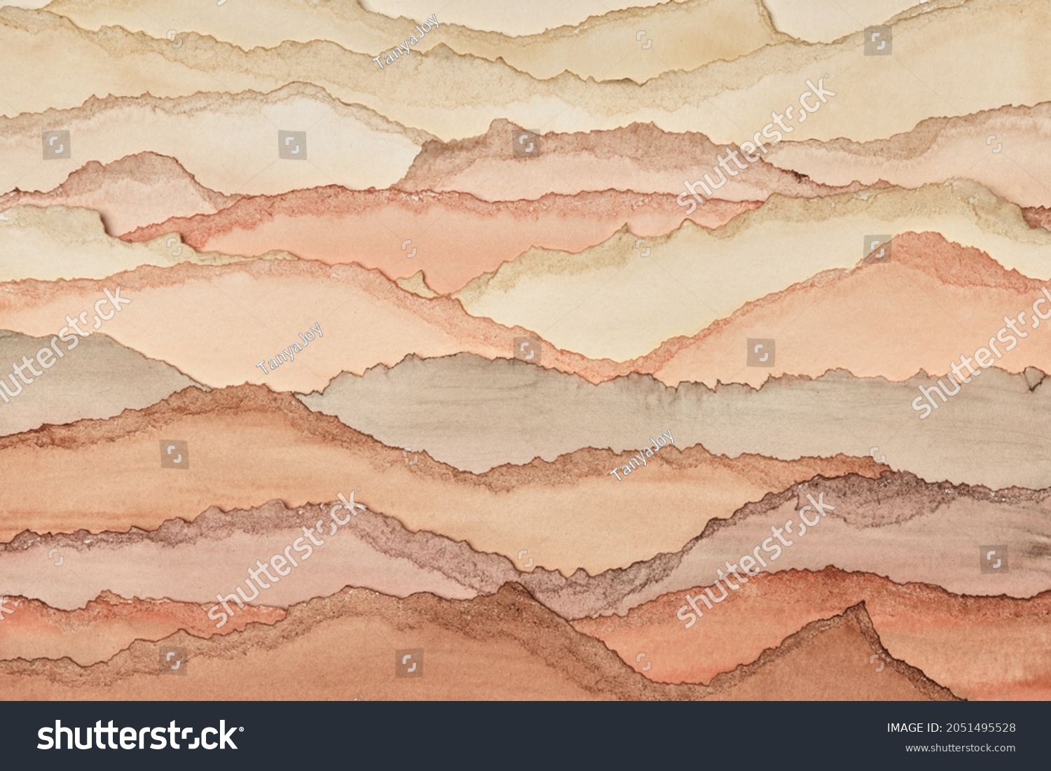 Desert landscape. Abstract texture background. Layers of watercolor painted paper. Torn edges. #2051495528