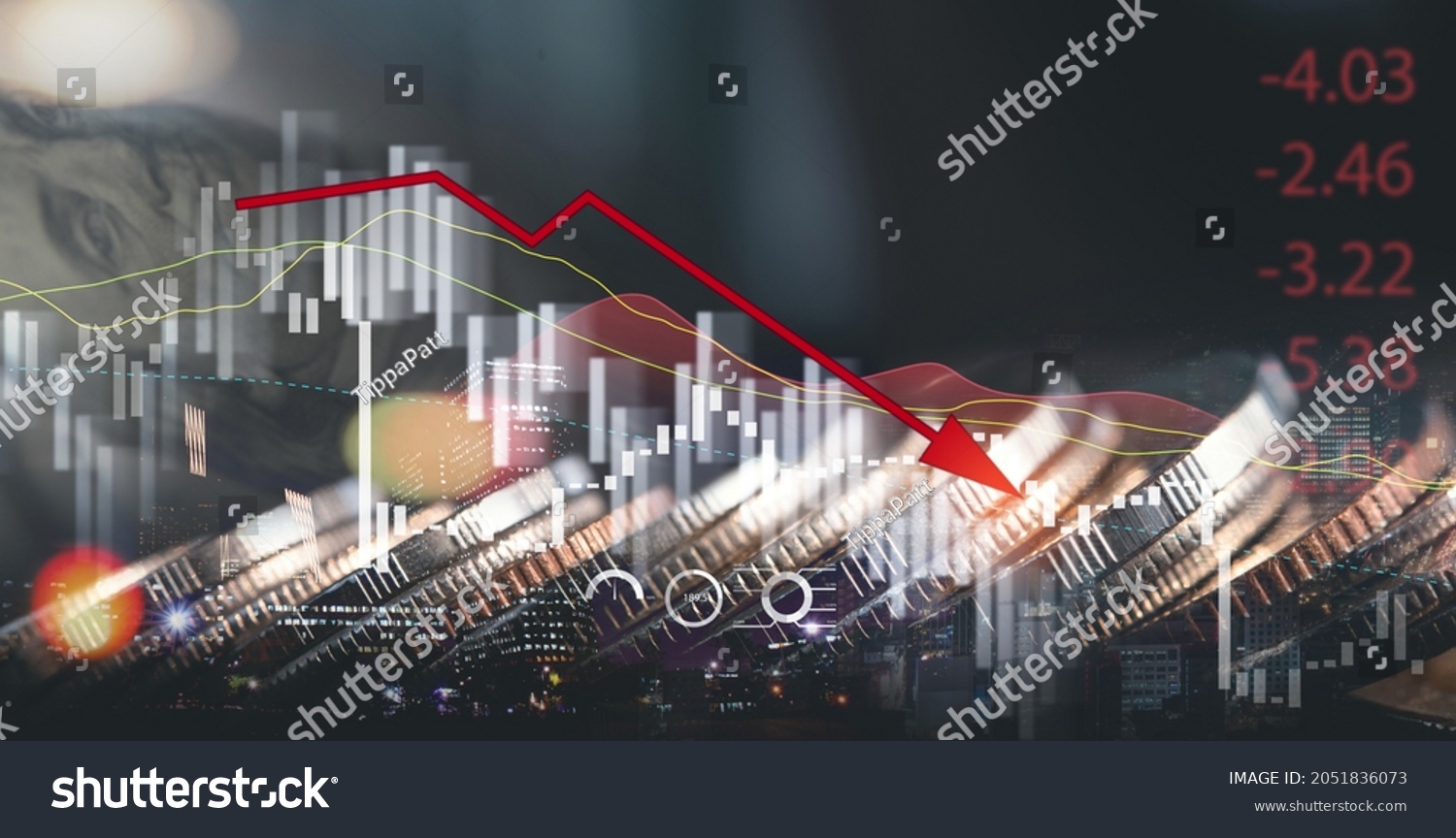 Economic crisis, financial background. Double exposure of Coins and US dollars bank note currency with financial graph chart falling due to global economic recession, stock market crash, inflation #2051836073