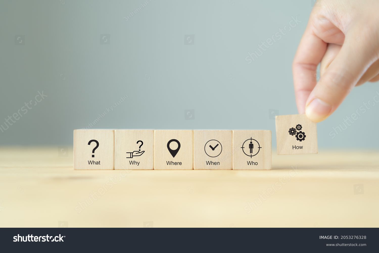 5W1H concept. Business framework and analysis. WHO WHAT WHERE WHEN WHY HOW Questions. The wooden cubes with 5W1H symbols and hand holds "how" cubes block. Beautiful grey background  and copy space. #2053276328