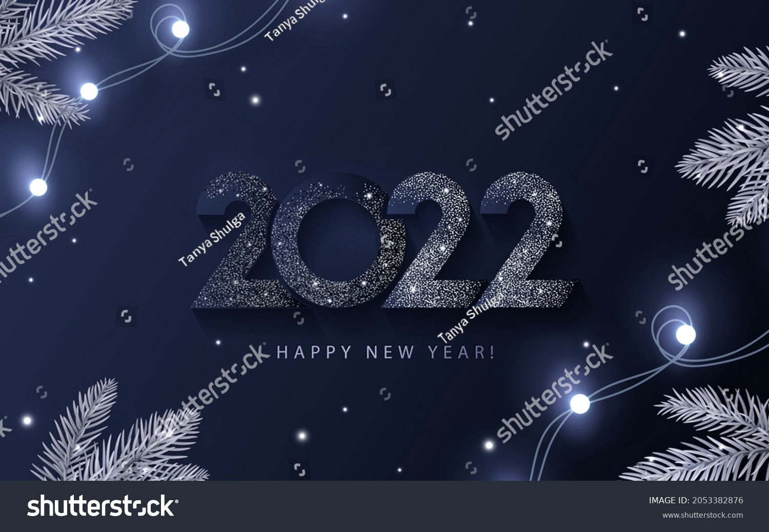 Happy New Year 2022 beautiful sparkling design of numbers on dark blue background with lights, pine branches and shining falling snow. Trendy modern winter banner, poster or greeting card template #2053382876