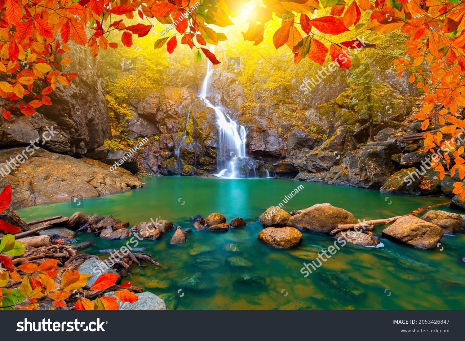 Autumn colors in stunning waterfall scenery. nature landscape in the depths of the forest. autumn view in nature. Erikli waterfall, Yalova, Turkey. #2053426847