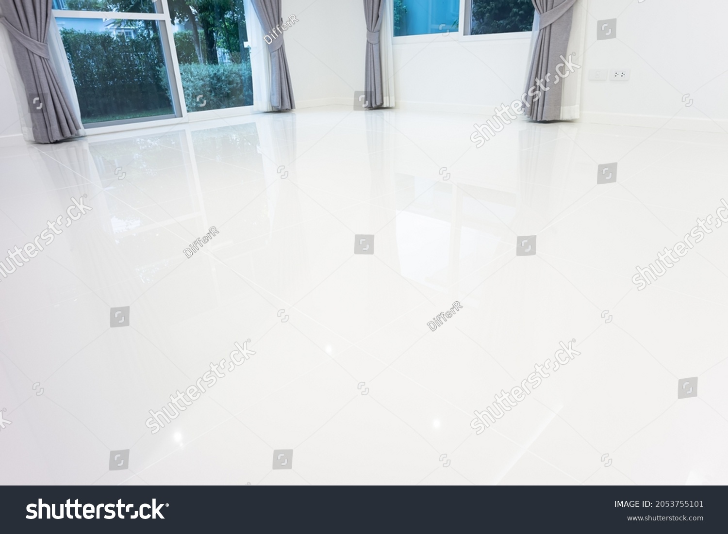 White tile floor with grid line of square texture pattern in perspective. Clean shiny of ceramic surface. Modern interior home design for bathroom, kitchen and laundry room. Empty space for background #2053755101