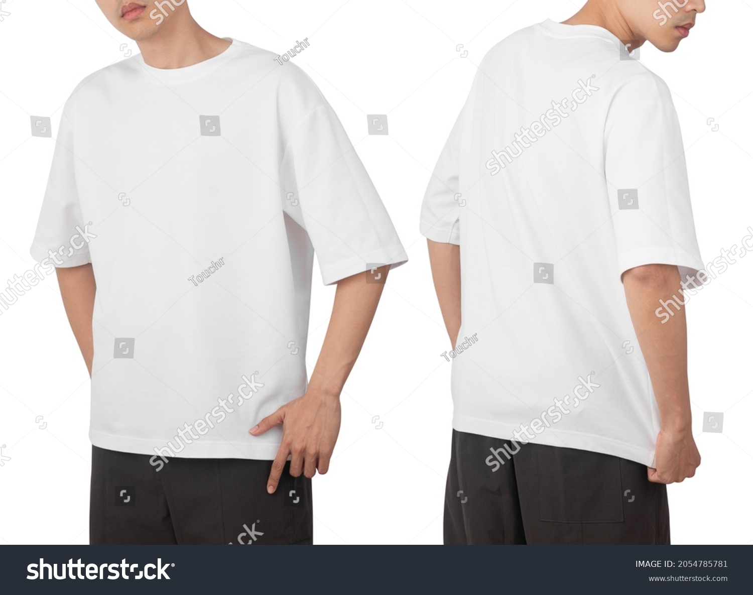 Young man in blank oversize t-shirt mockup front and back used as design template, isolated on white background with clipping path. #2054785781