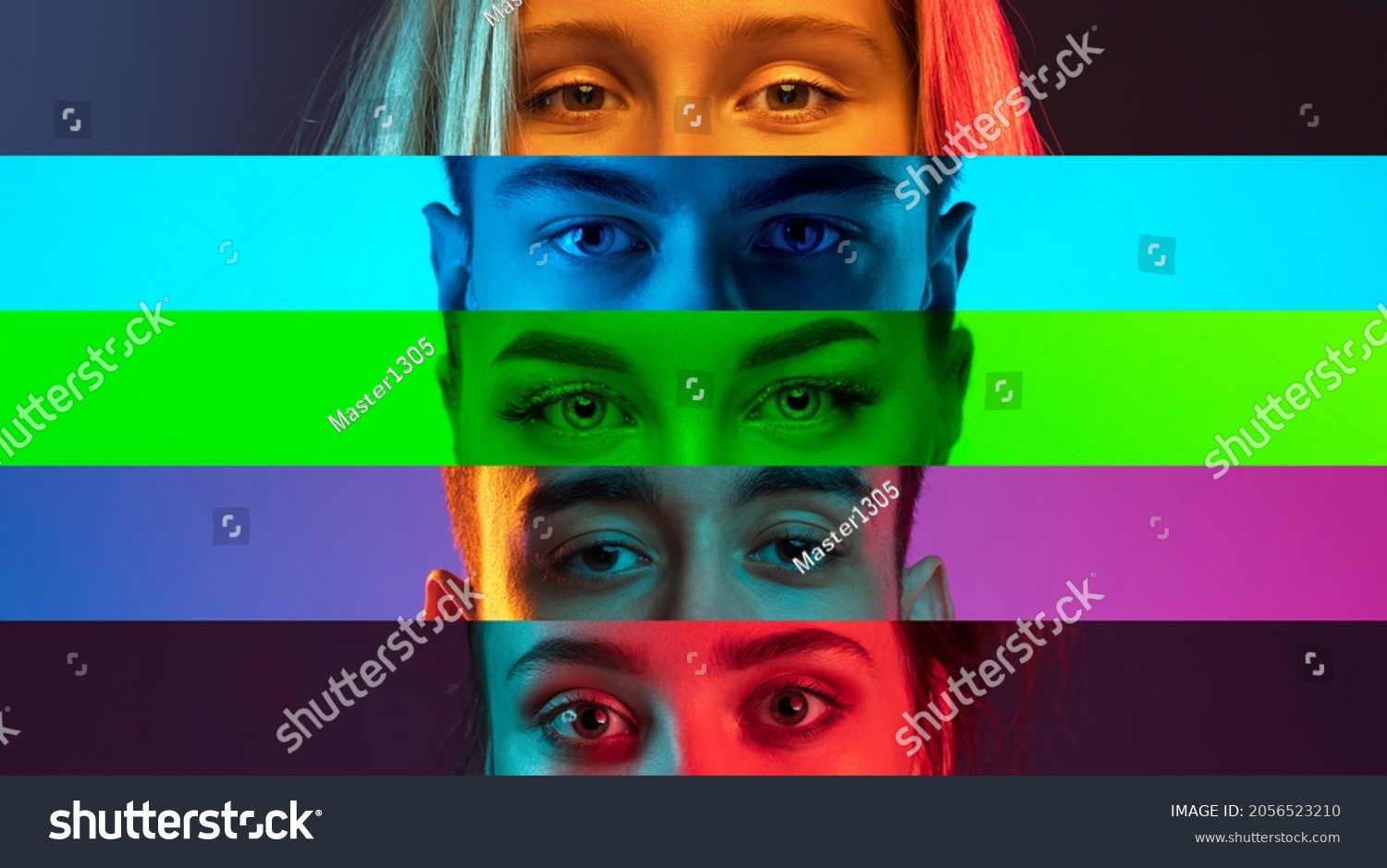 Collage of close-up male and female eyes isolated on colored neon backgorund. Multicolored stripes. Concept of equality, unification of all nations, ages and interests. Diversity and human rights #2056523210