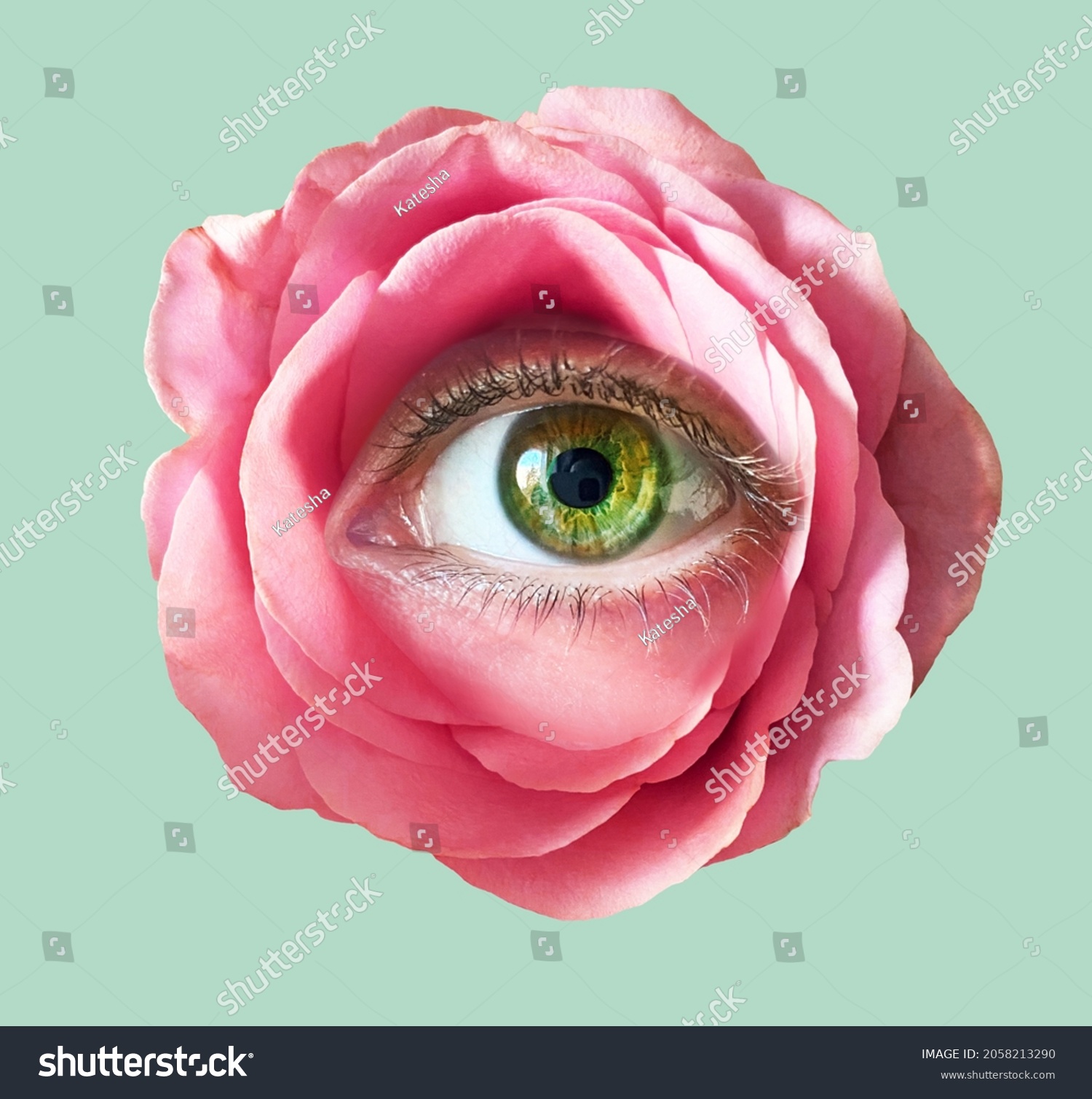 Contemporary art collage. Romantic flowers roses eye. Eyeball in flower.Modern conceptual art poster with a rose with beautiful green 
eye in a mas surrealism style. #2058213290