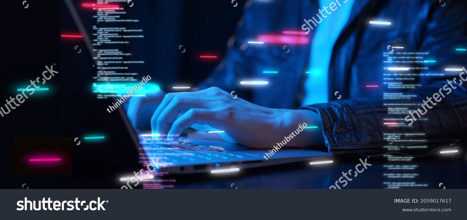 Business man using computer hand close up futuristic cyber space and decentralized finance coding background, business data analytics programming online network metaverse digital world technology  #2059017617