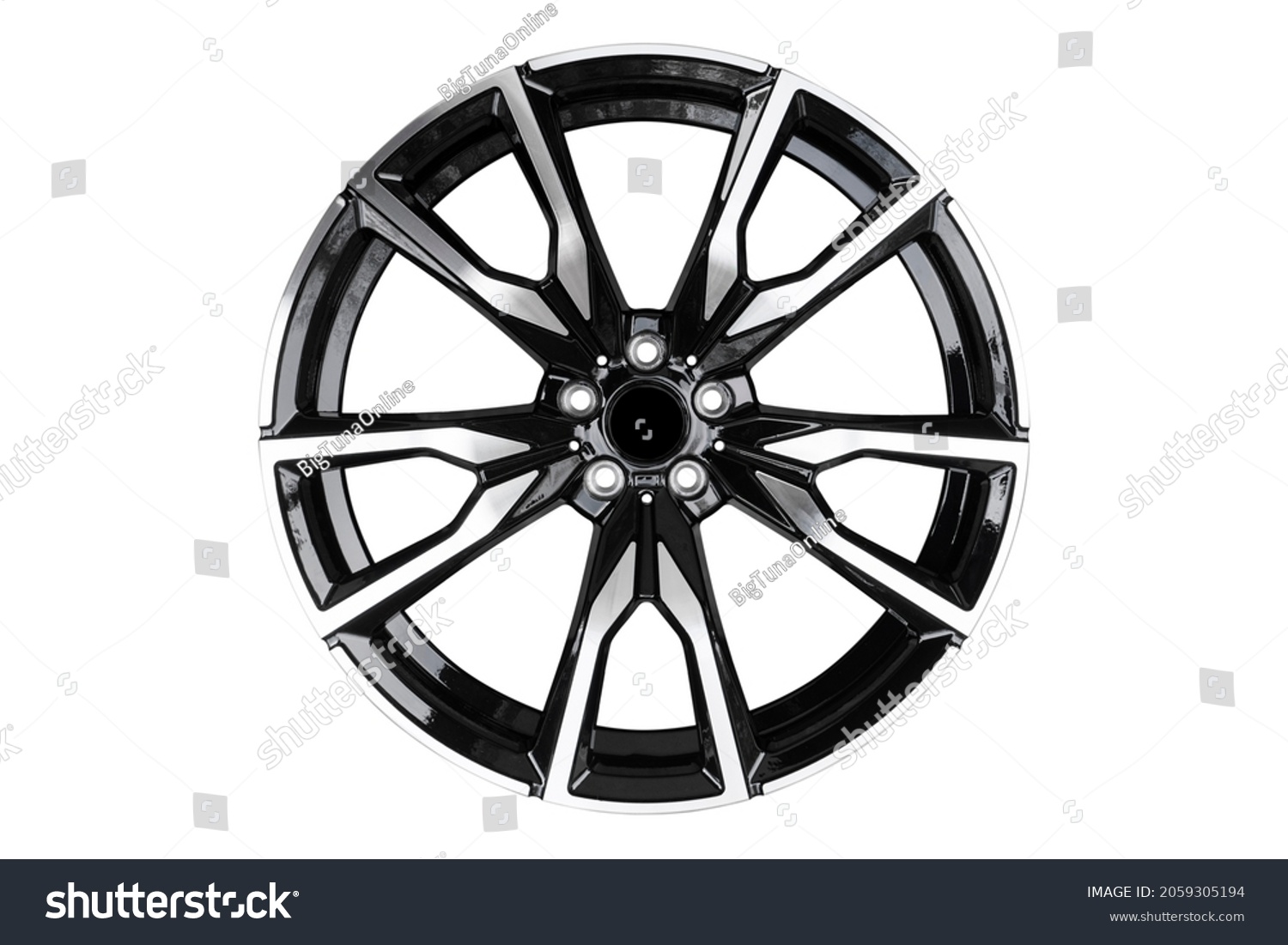 Car alloy wheel isolated on white background. New alloy wheel for a car on a white background. Alloy rim isolated. Car wheel disc. #2059305194