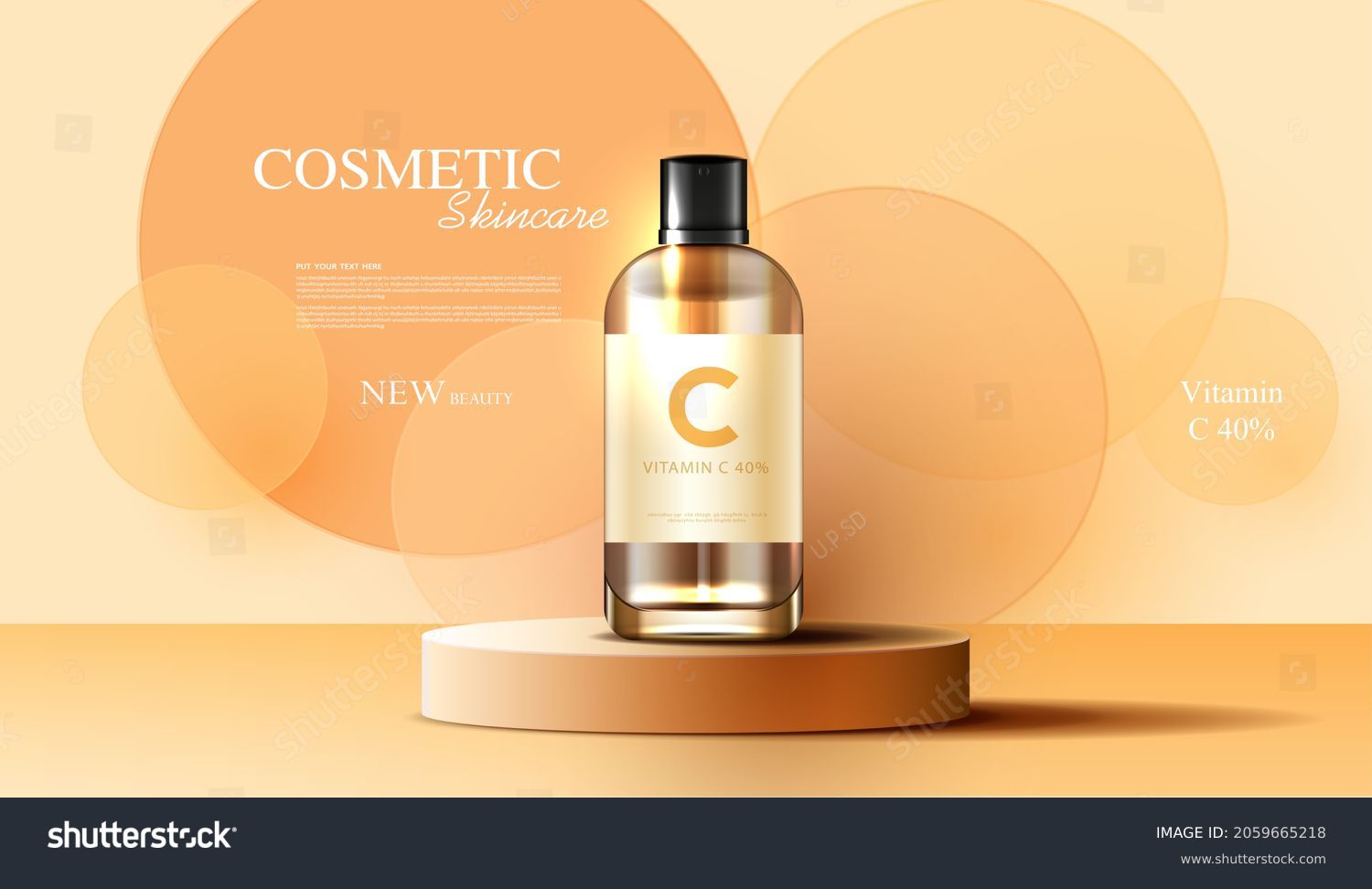 Cosmetics Vitamin C or skin care product ads with bottle, banner ad for beauty products and sky background glittering light effect. vector design. #2059665218