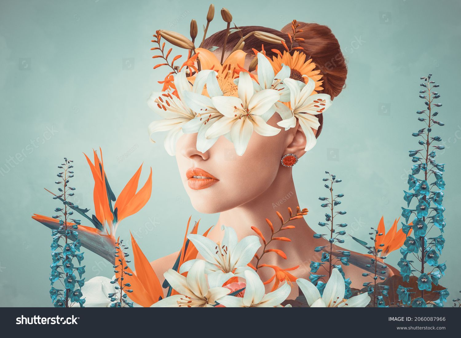 Abstract contemporary art collage portrait of young woman with flowers on face hides her eyes #2060087966