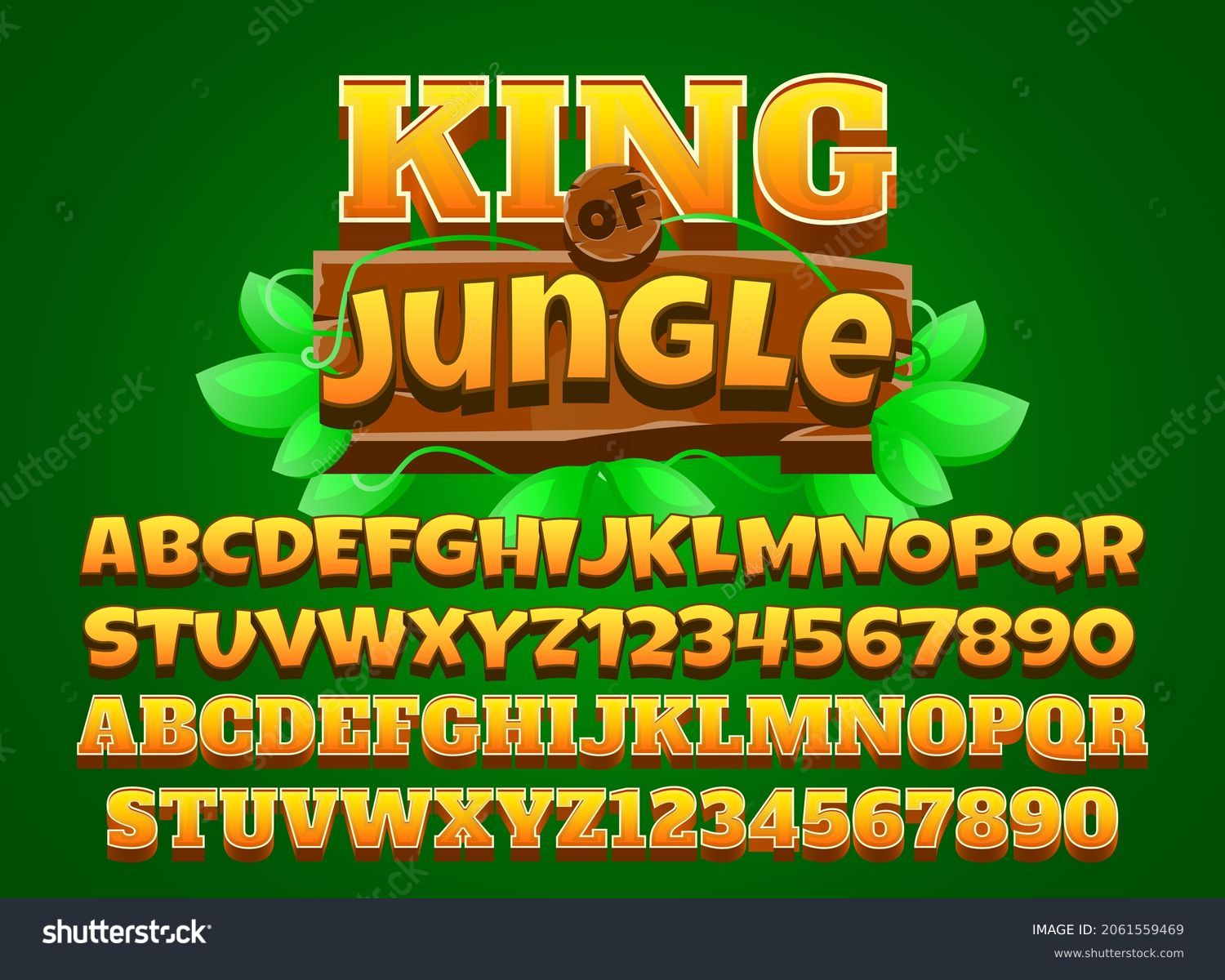 funny cartoon king of jungle with wooden frame and branch leaves for game logo title text effect #2061559469