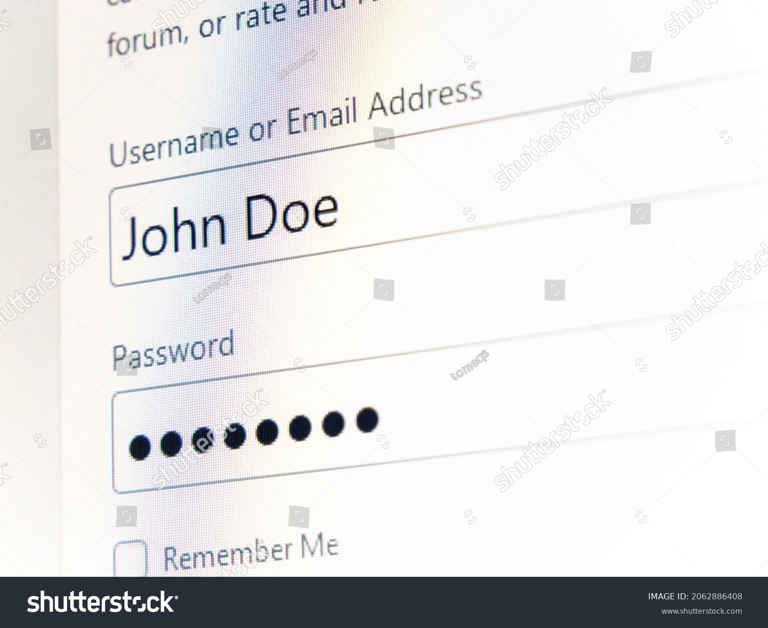 John Doe fake username login and password private account credentials simple authentication abstract concept, nobody, computer monitor display closeup detail Online login form, cyber security, privacy #2062886408