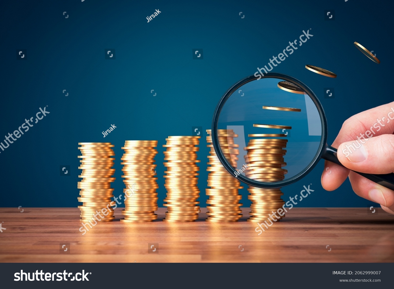 Focus on growing inflation concept. Growing columns of coins, coins fade away from the last column what represents inflation. Post-covid economic consequence. #2062999007
