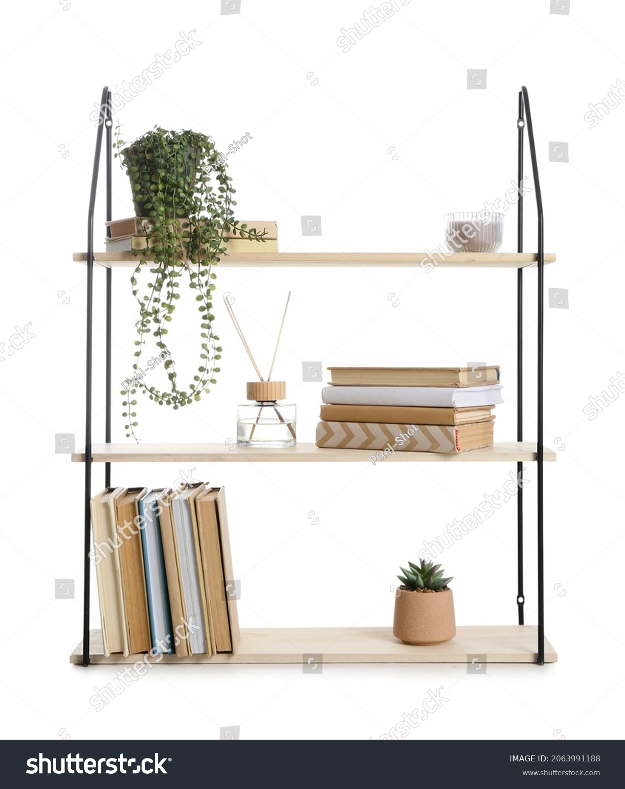 Wooden book shelf with decor on white background #2063991188